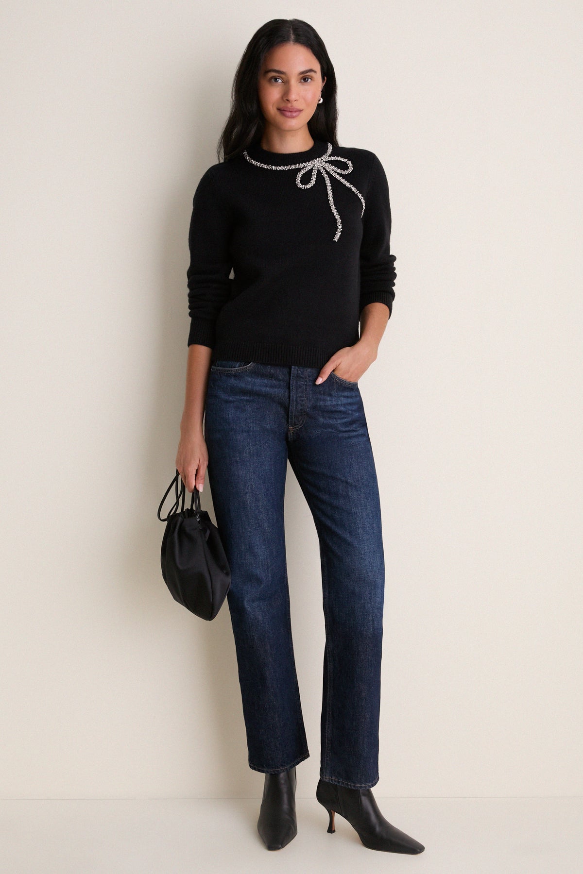 Black Embellished Bow Lilah Crewneck