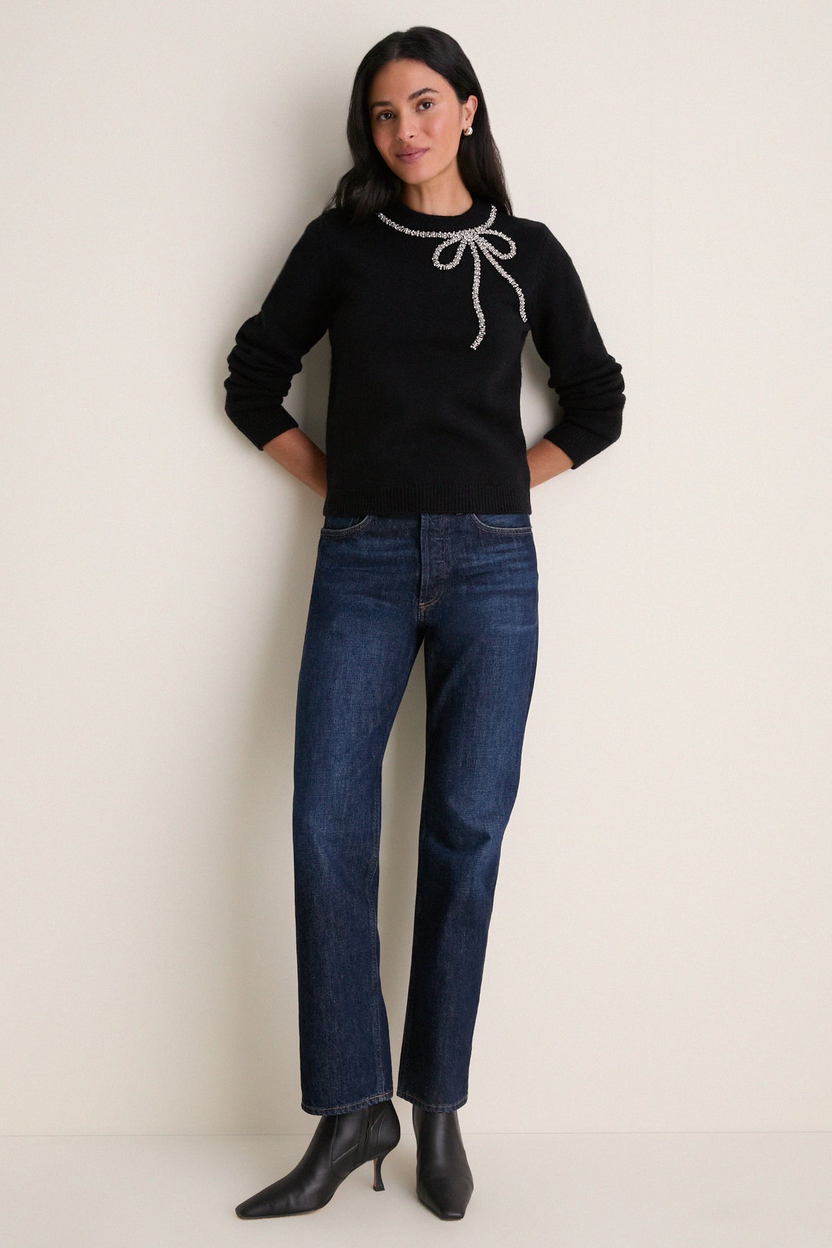 Black Embellished Bow Lilah Crewneck