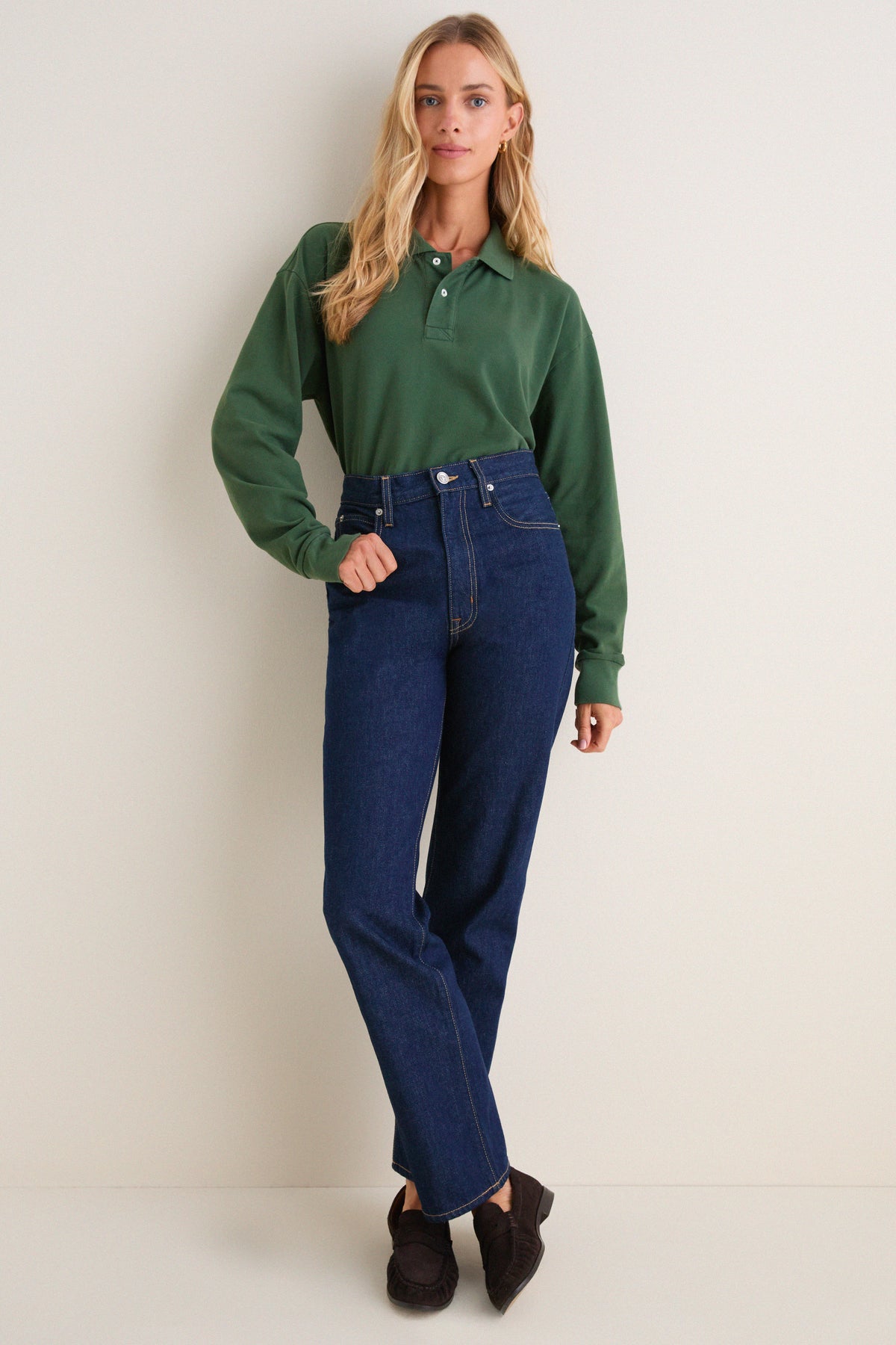 Washed Forest Long Sleeve Pique Holmes Boyfriend Polo
