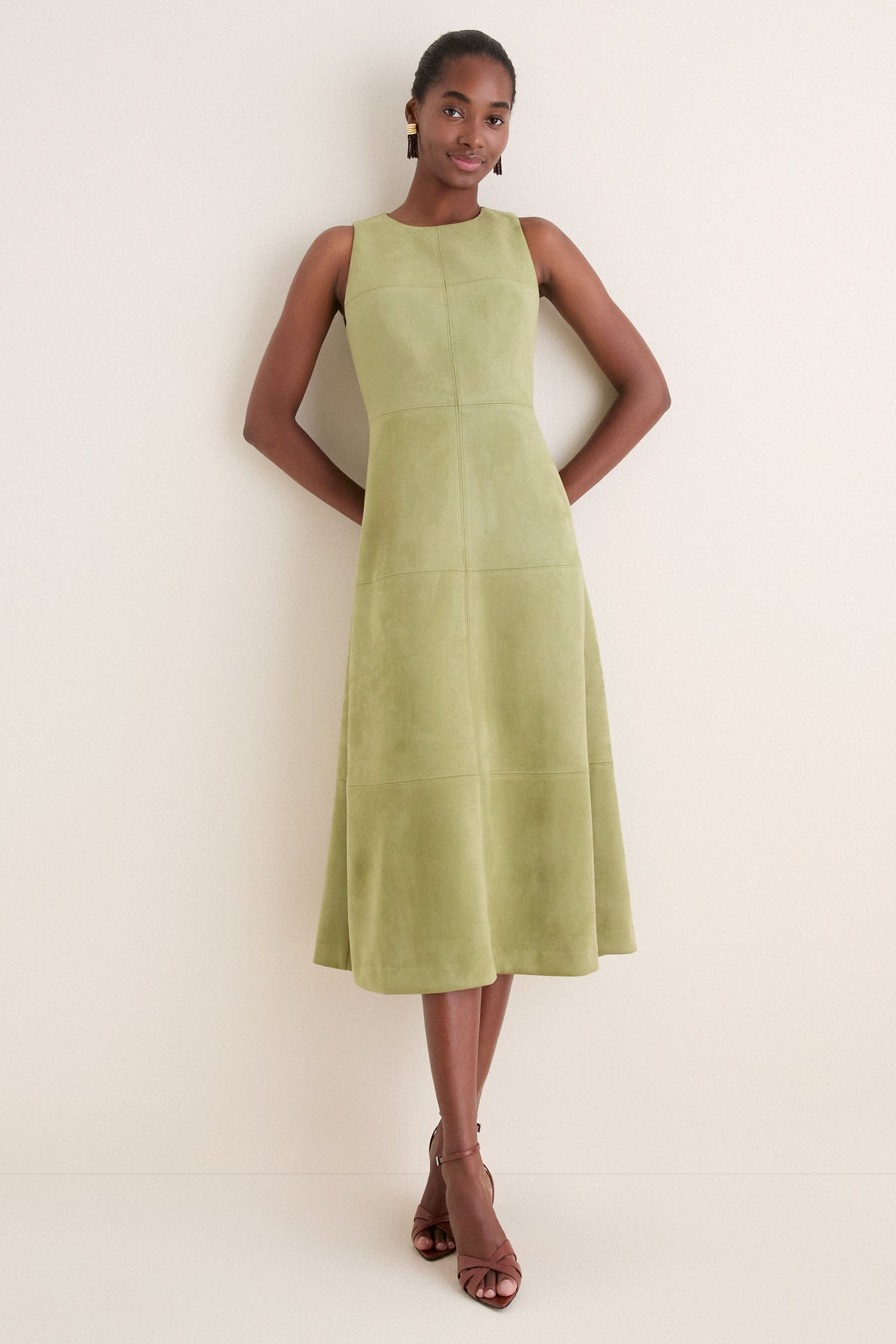 green suede dress Olive Smocked Waist Twill Shirt v neck line Moss Suede Manon Dress |