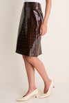 Brown Croc Embossed Leather Dolan Pencil Skirt