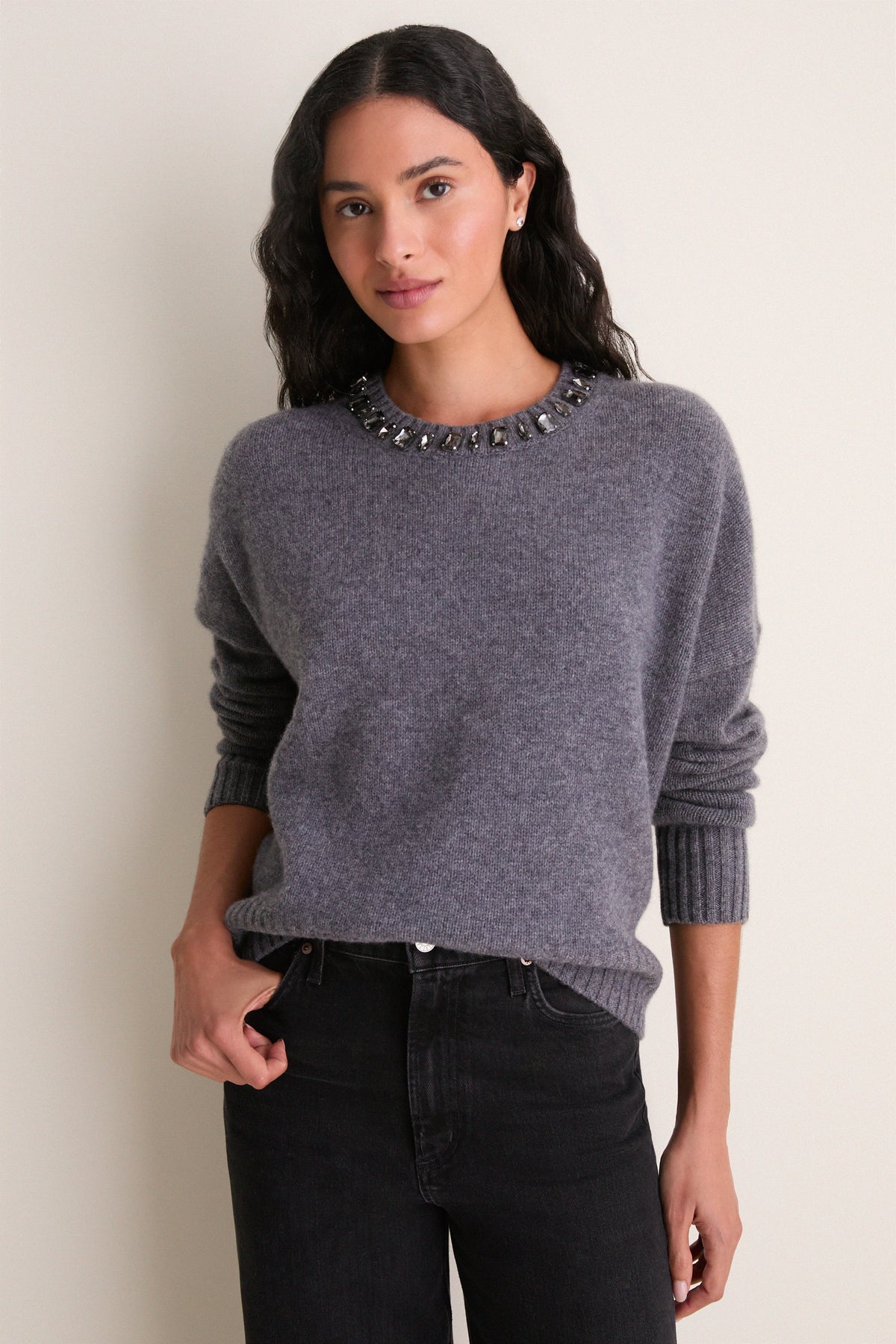 Gray Embellished Collar Ada Crewneck