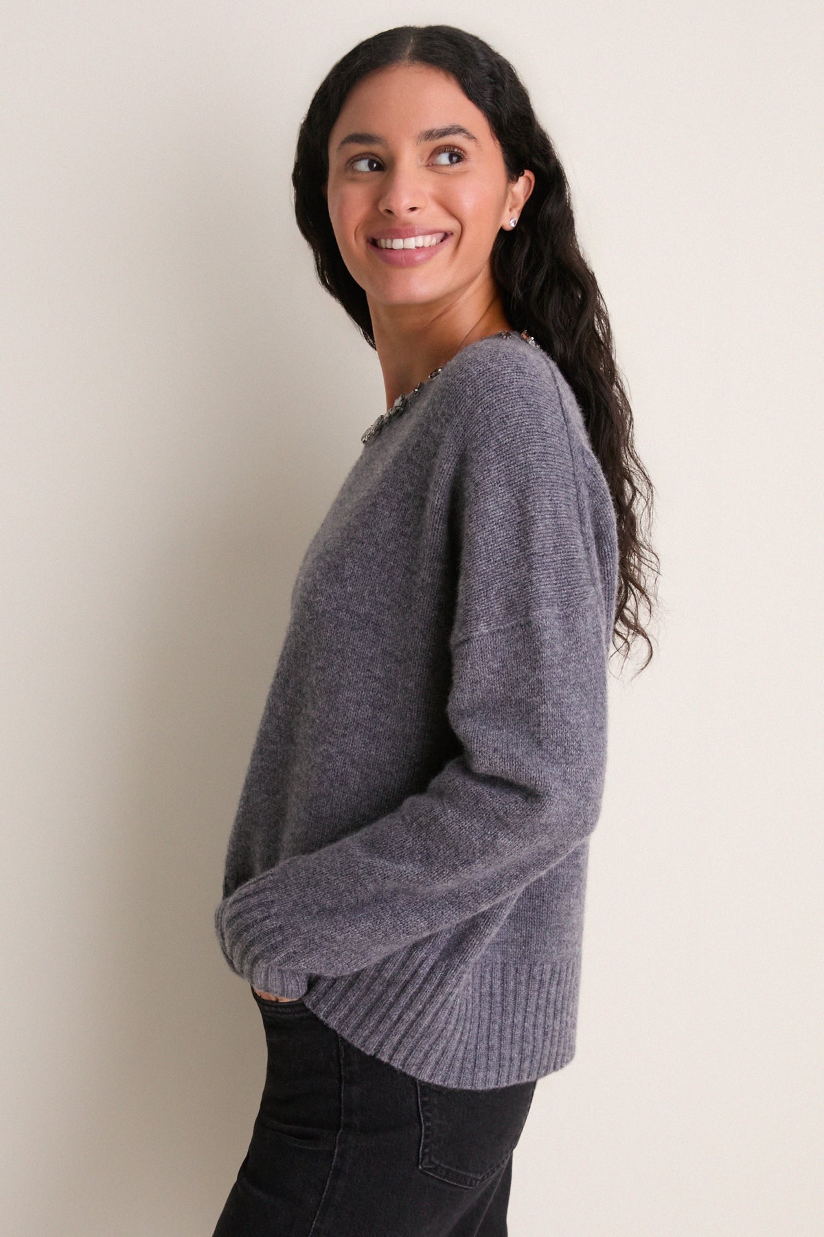 Gray Embellished Collar Ada Crewneck