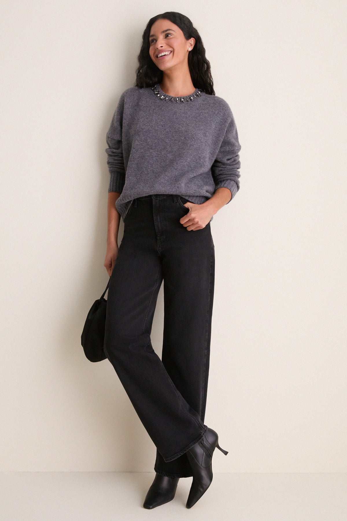 Gray Embellished Collar Ada Crewneck