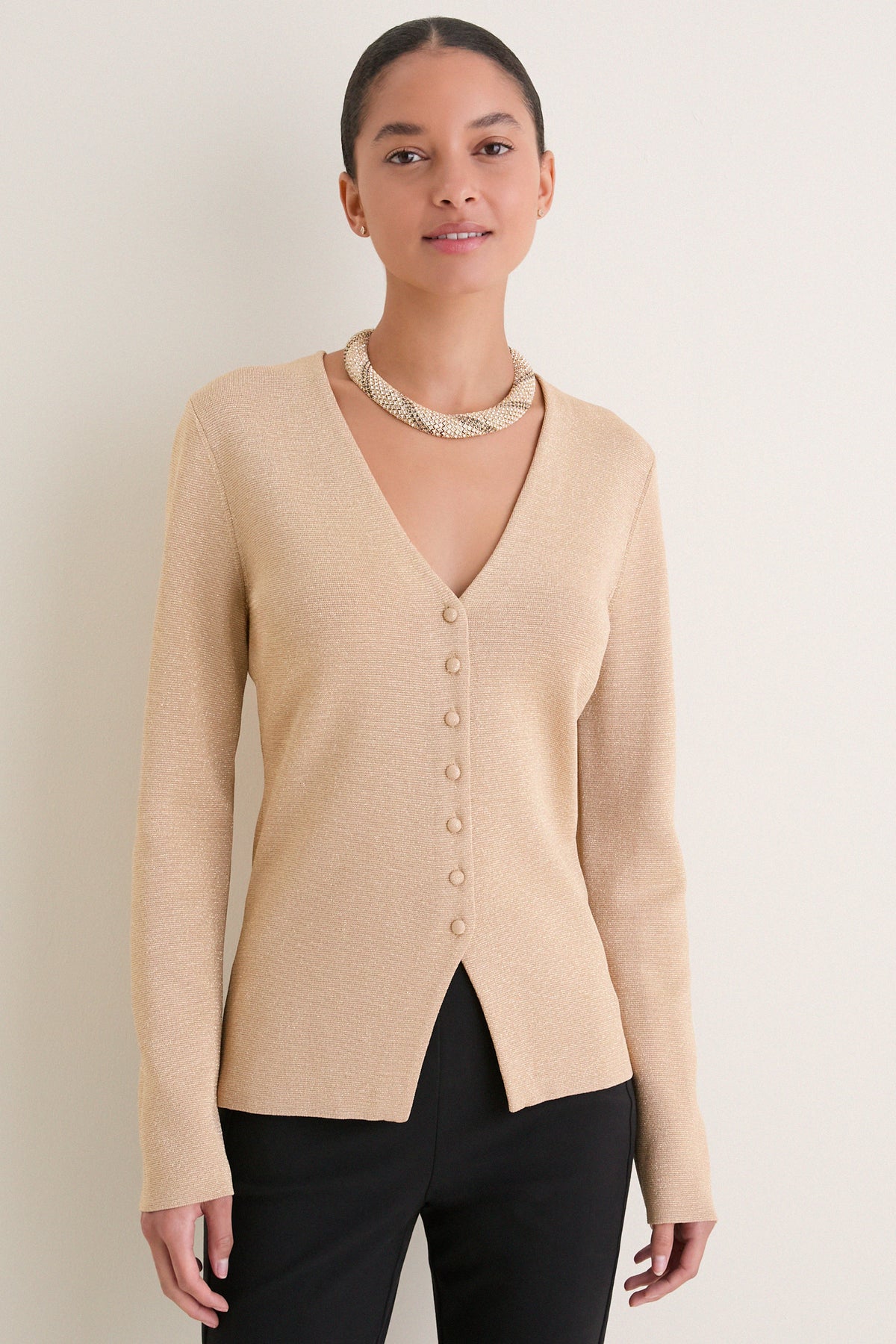 Gold V-Neck Structured Natasha Cardigan