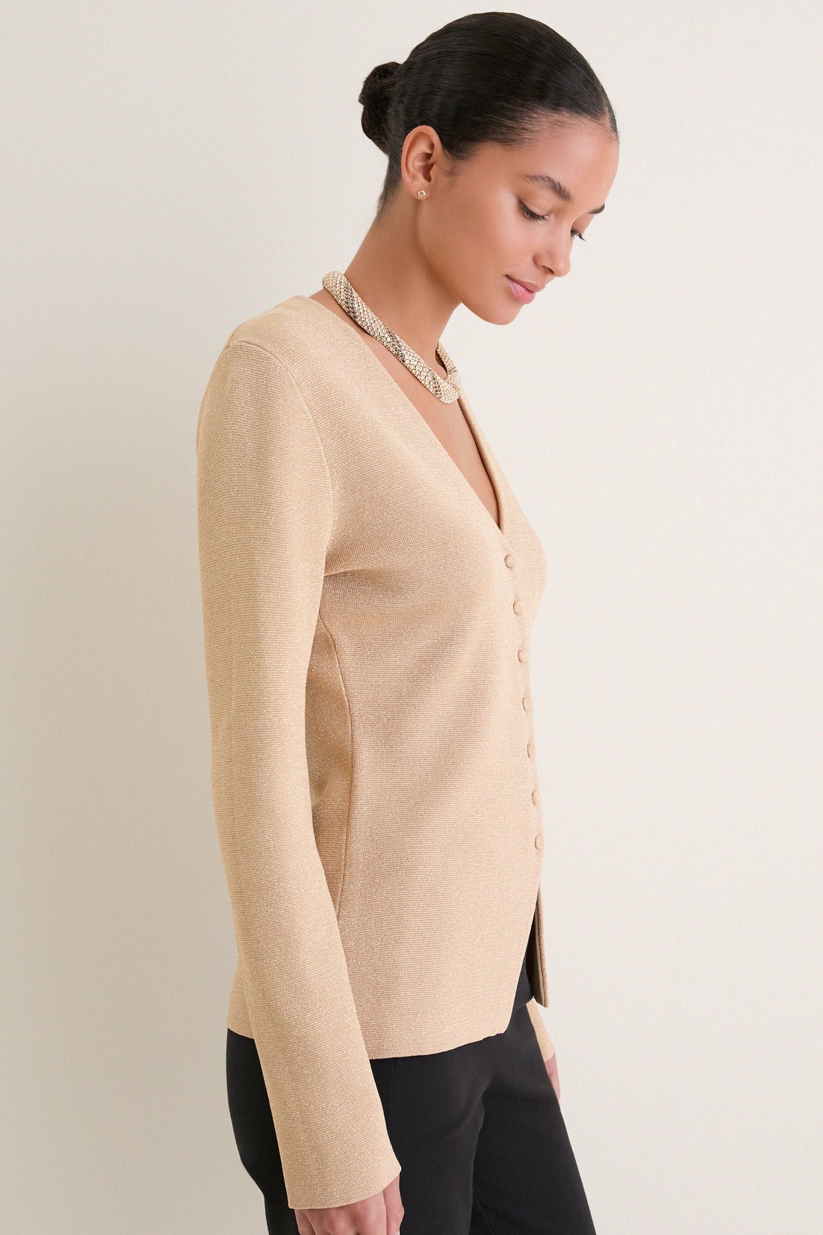 Gold V-Neck Structured Natasha Cardigan