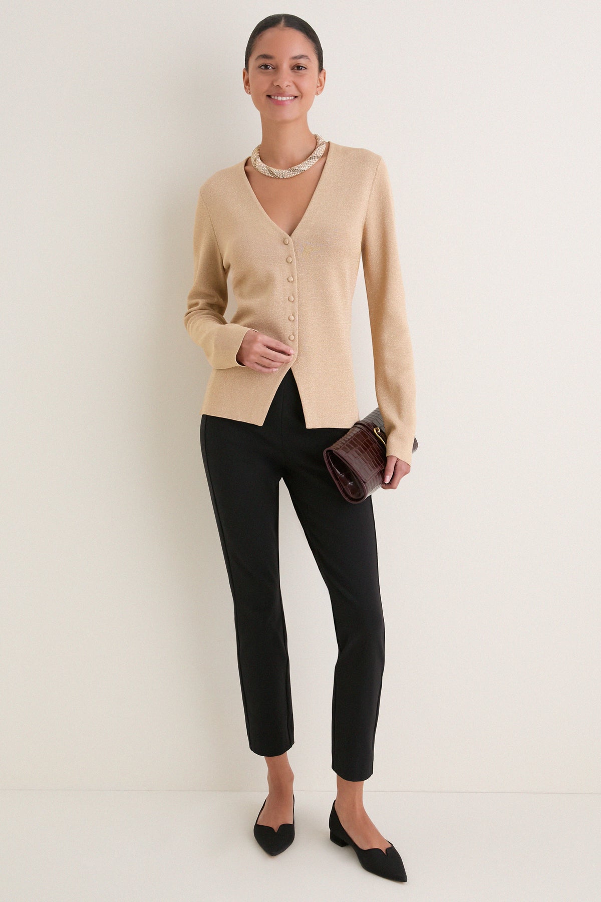 Gold V-Neck Structured Natasha Cardigan