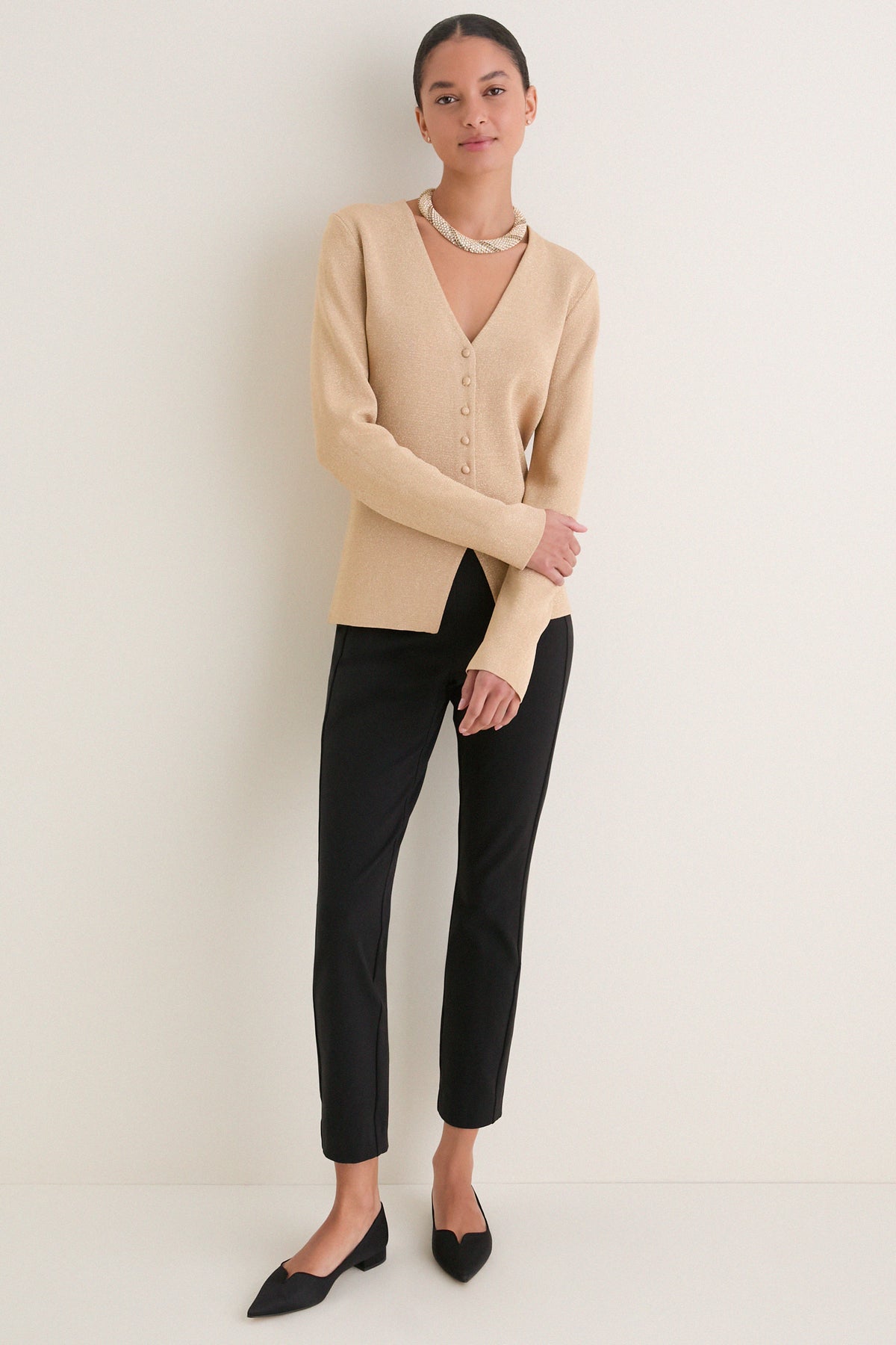 Gold V-Neck Structured Natasha Cardigan