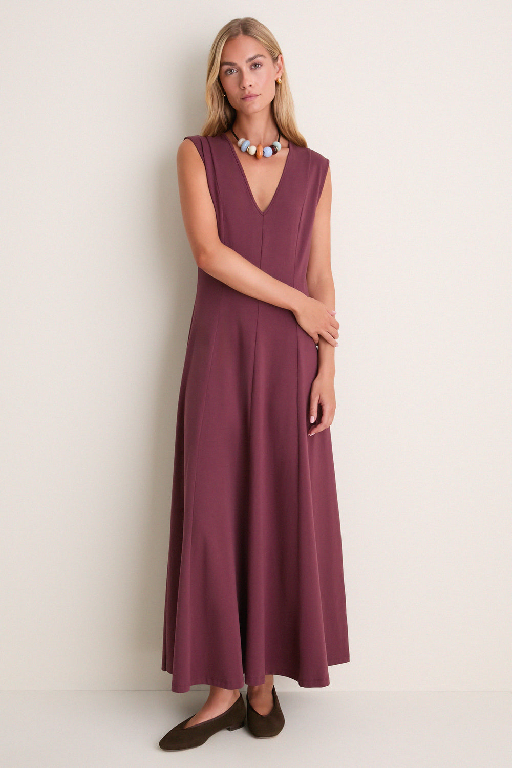 Wine Cotton Jersey Agnes V-neck Dress