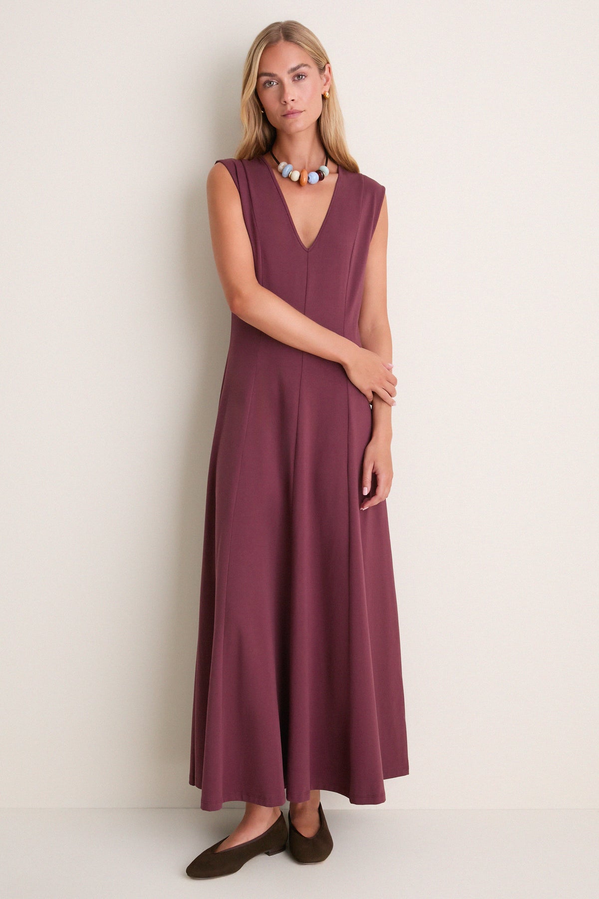 Wine Cotton Jersey Agnes V-neck Dress