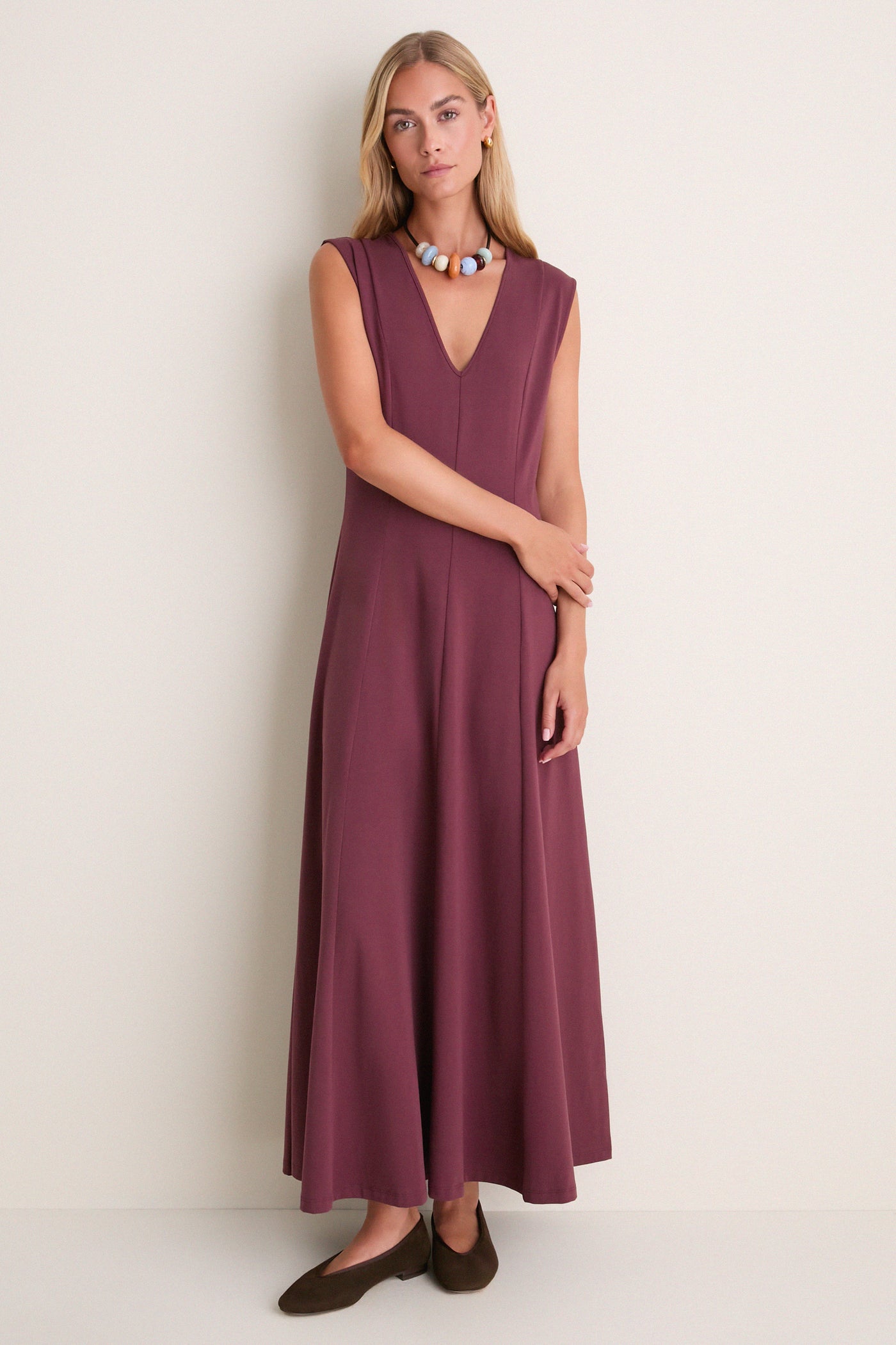 Wine Cotton Jersey Agnes V-neck Dress