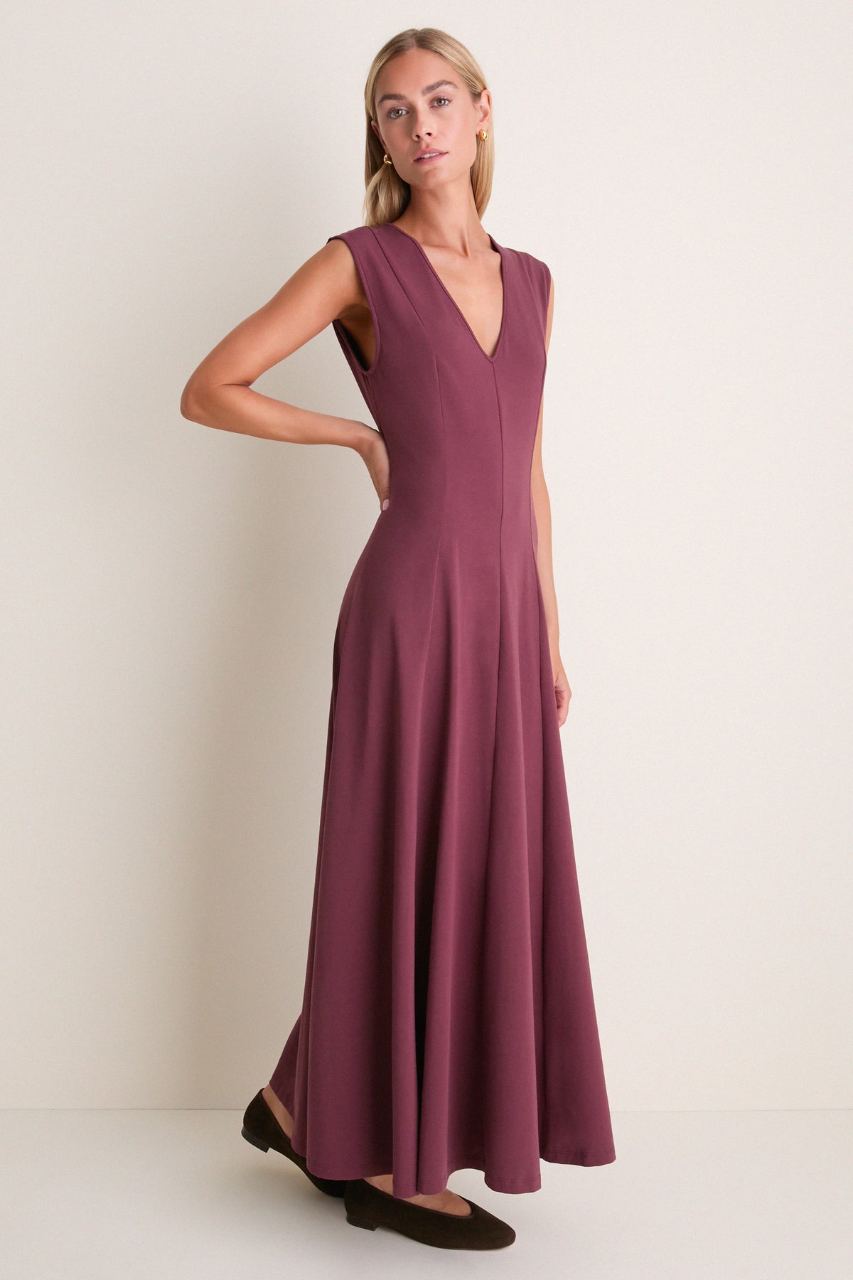 Wine Cotton Jersey Agnes V-neck Dress