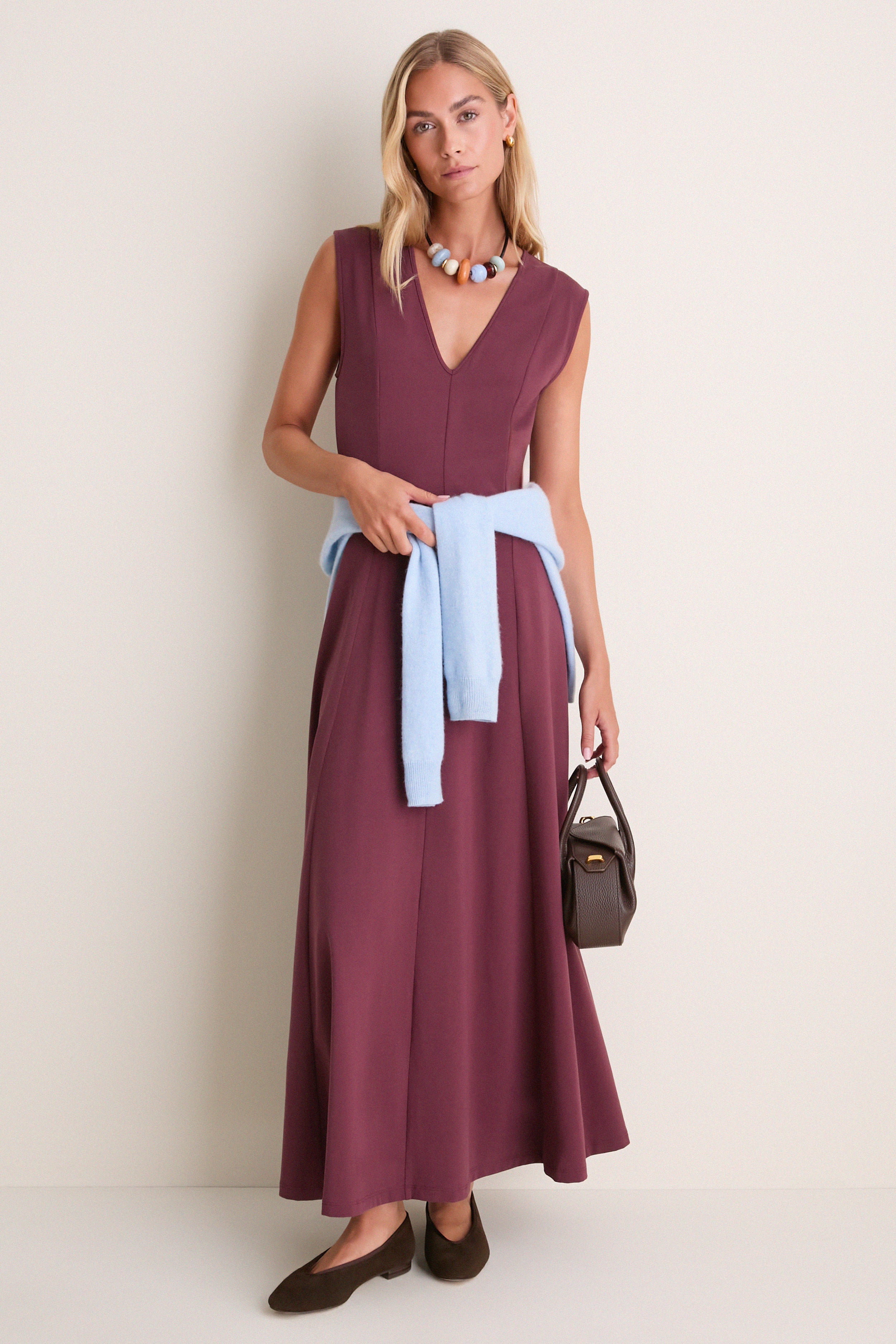 Wine Cotton Jersey Agnes V-neck Dress