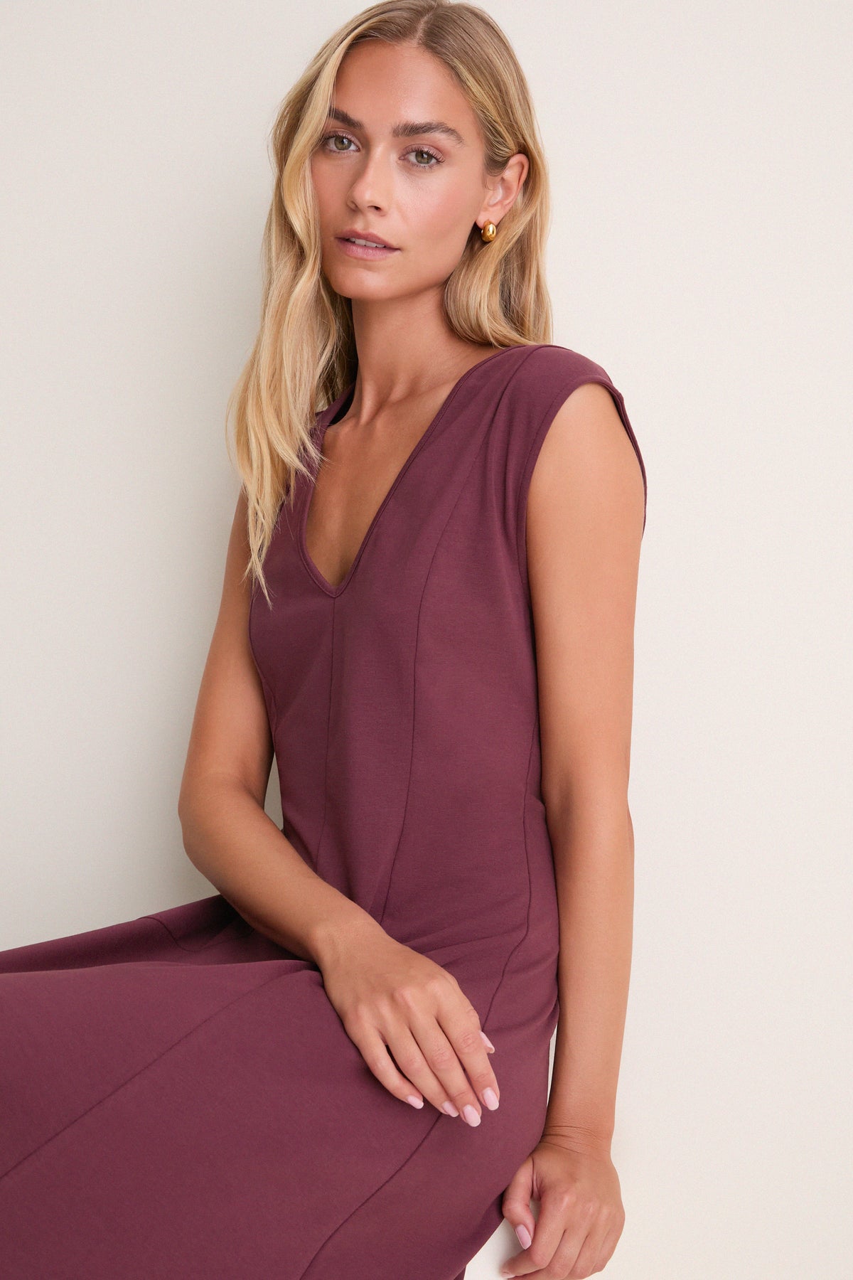 Wine Cotton Jersey Agnes V-neck Dress