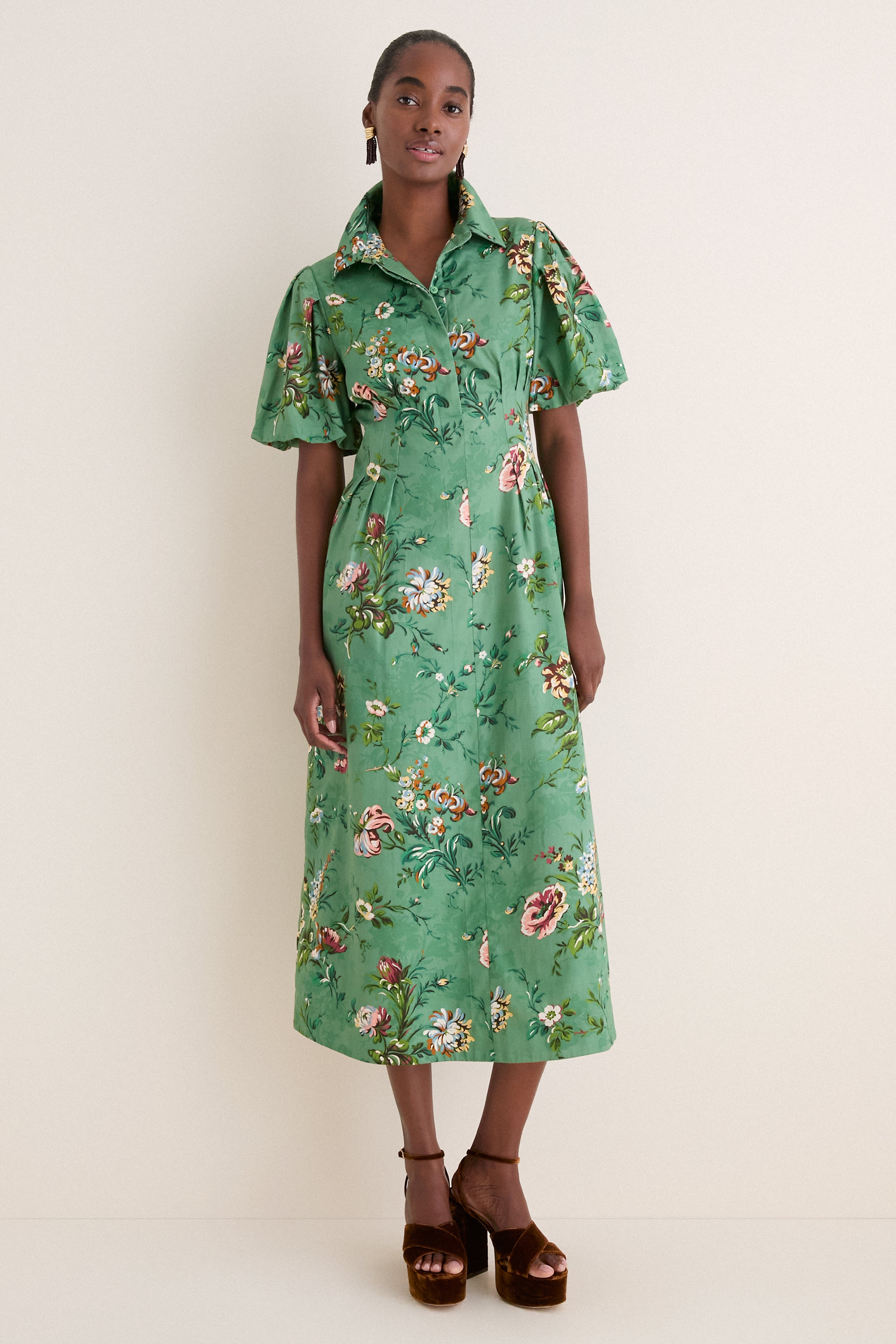 Sage Bouquet Cotton Sateen Delaney Dress