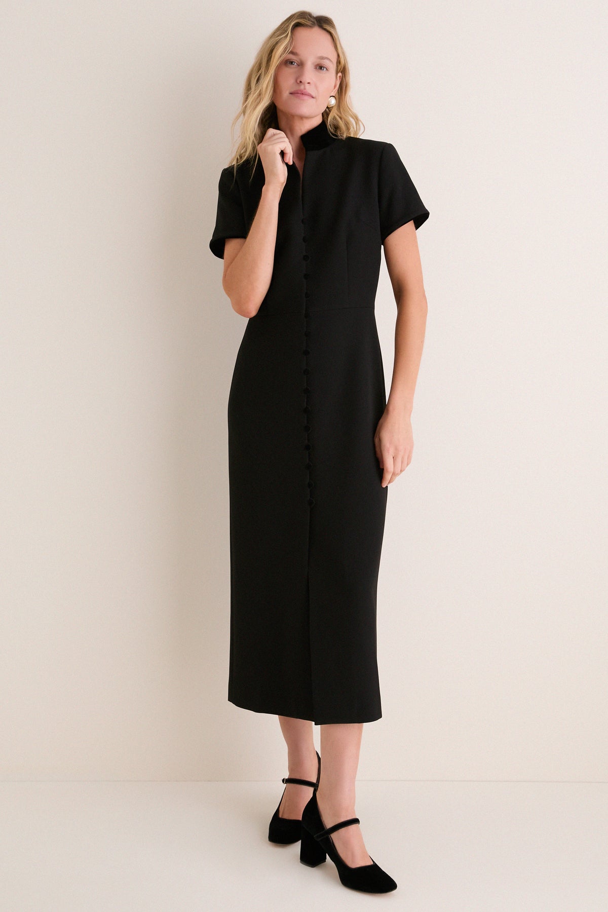 Black Crepe and Velvet Short Sleeve Leighton Dress