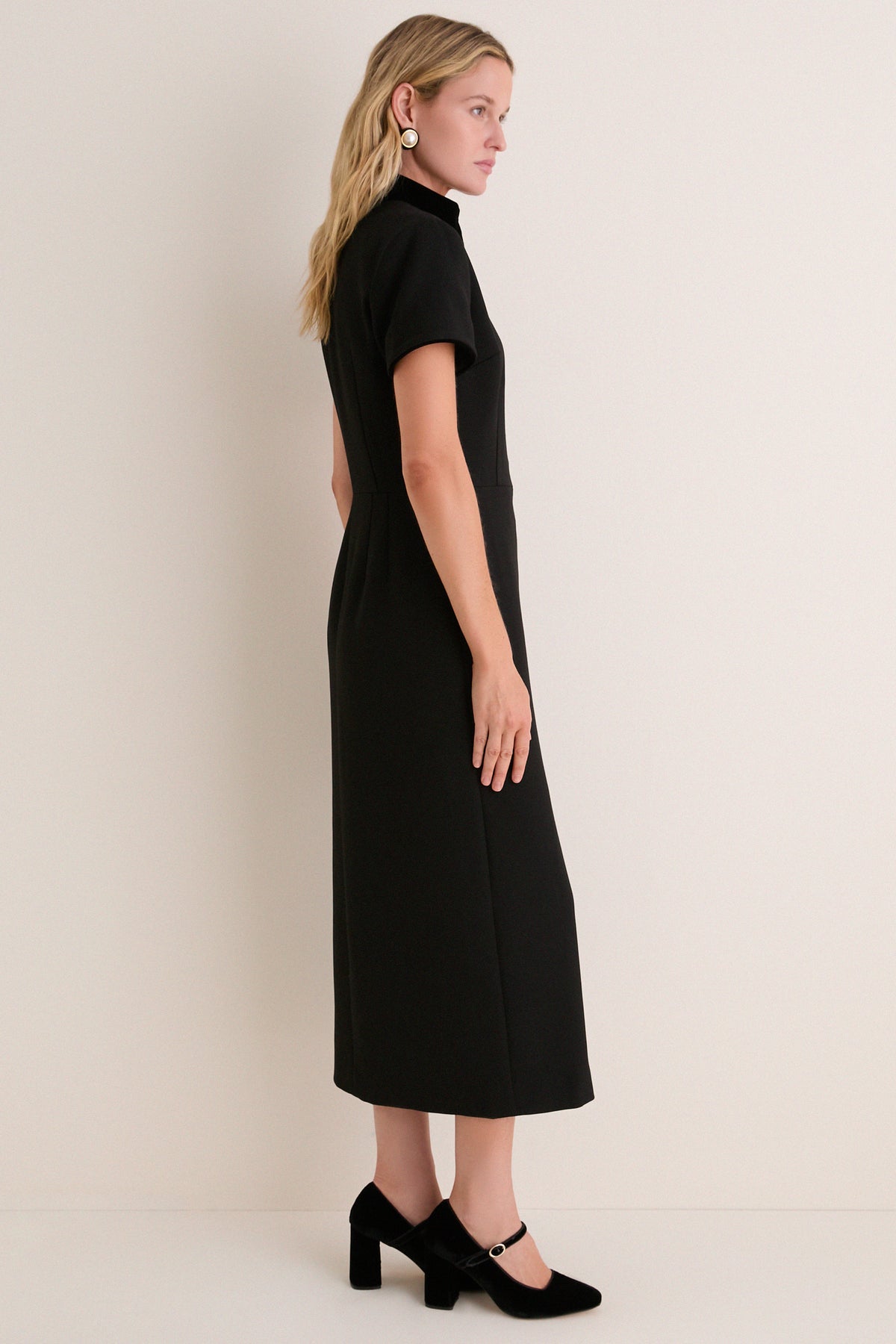 Black Crepe and Velvet Short Sleeve Leighton Dress