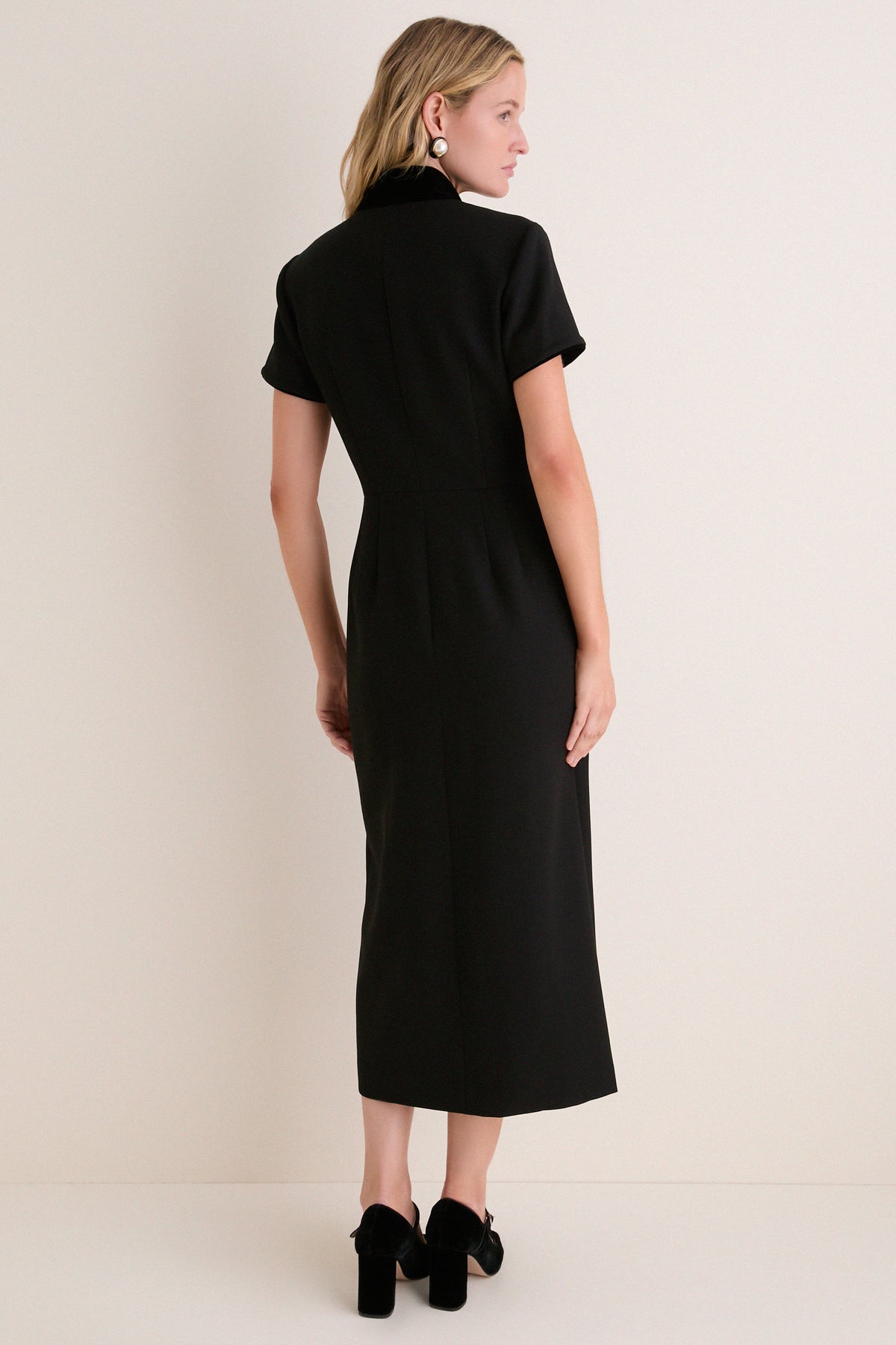 Black Crepe and Velvet Short Sleeve Leighton Dress