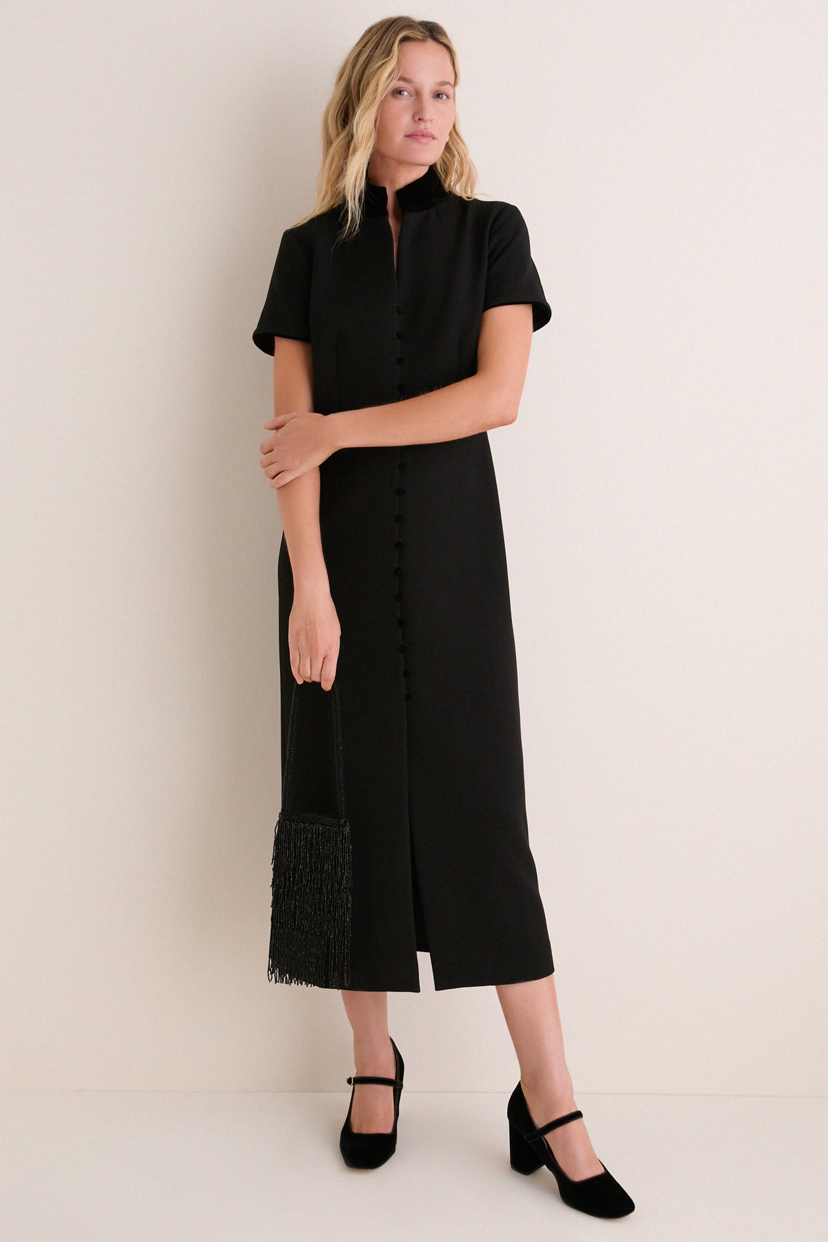 Black Crepe and Velvet Short Sleeve Leighton Dress