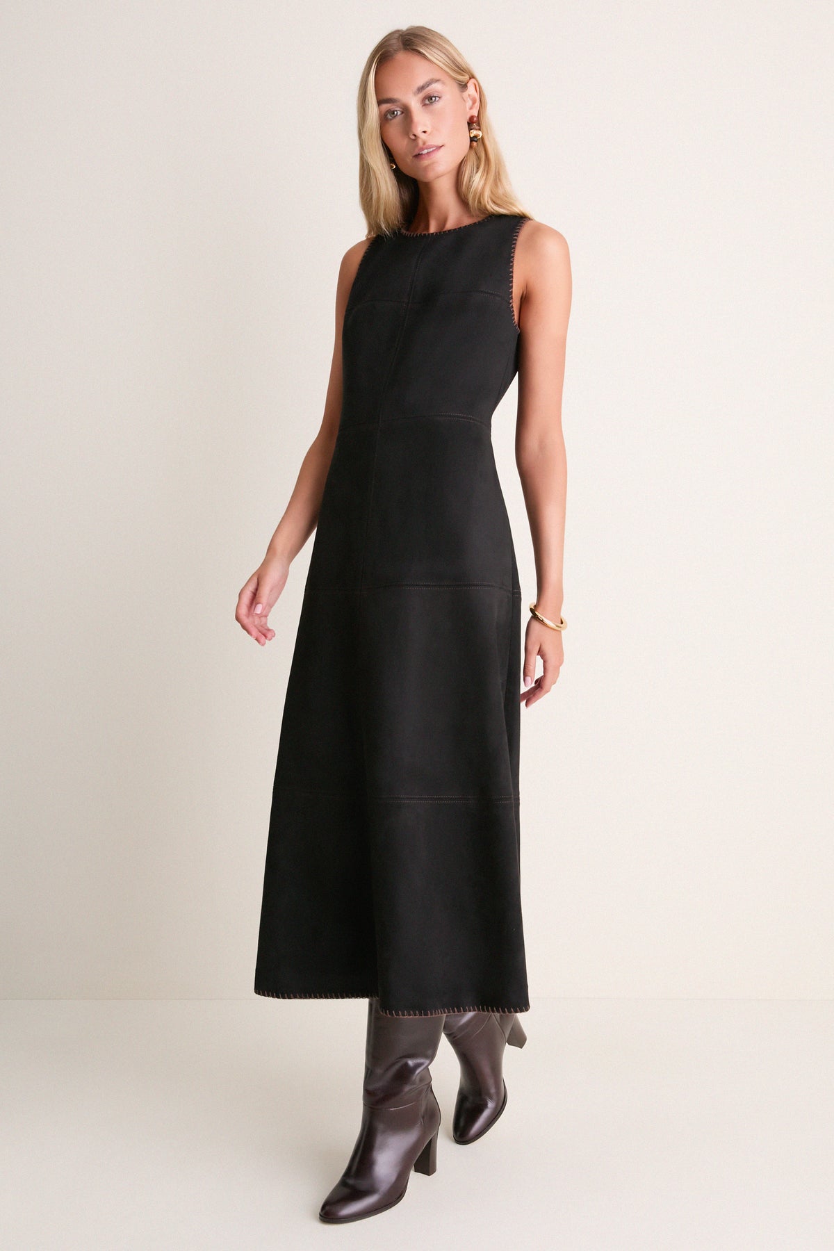 Black Suede Whipstitch Manon Dress