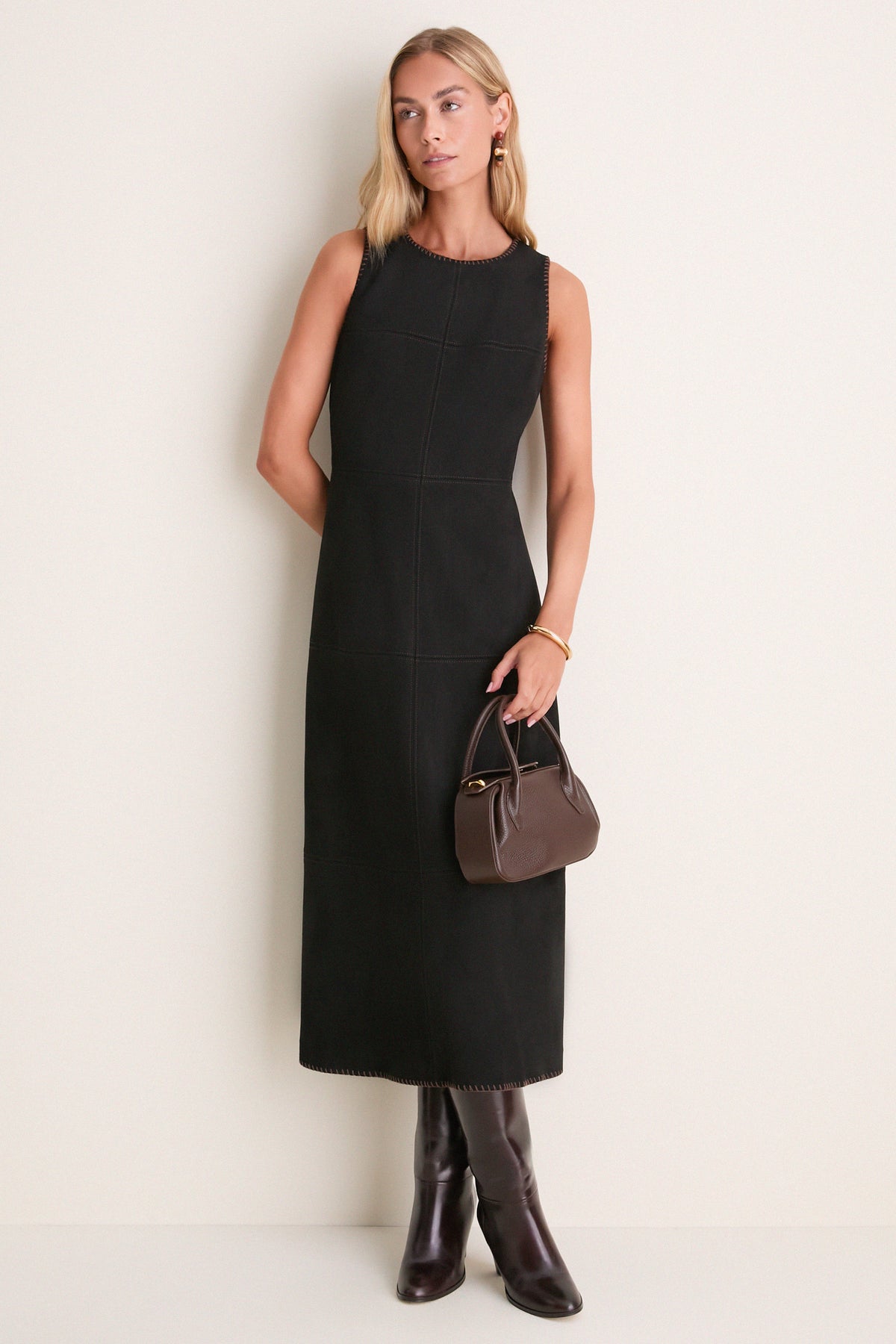 Black Suede Whipstitch Manon Dress