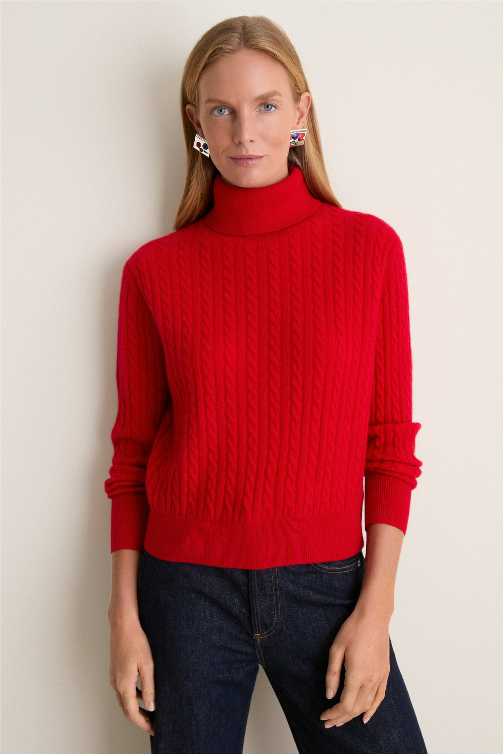 Apple Red Cropped Cable Cashmere Clara Turtleneck