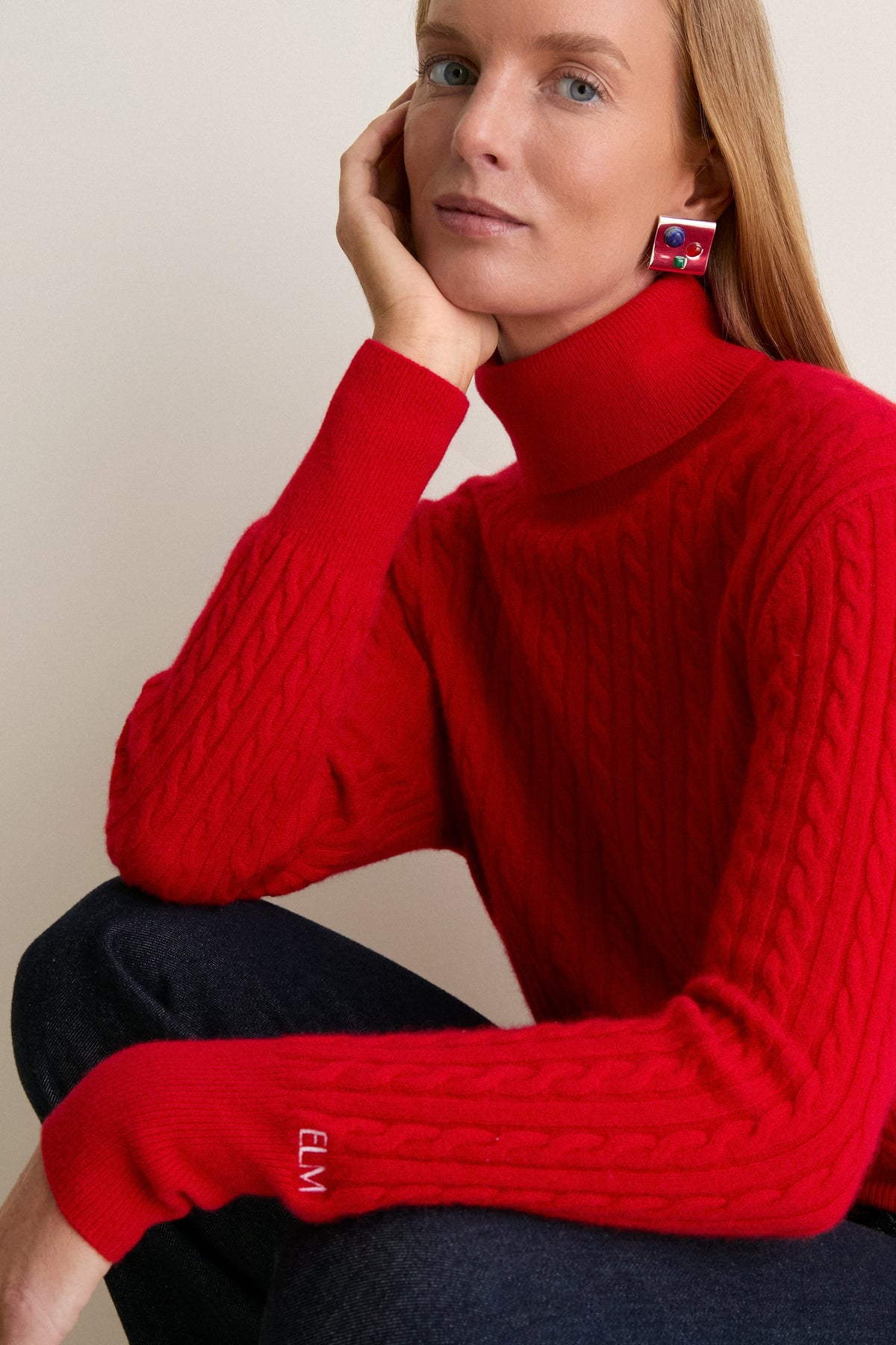 Apple Red Cropped Cable Cashmere Clara Turtleneck
