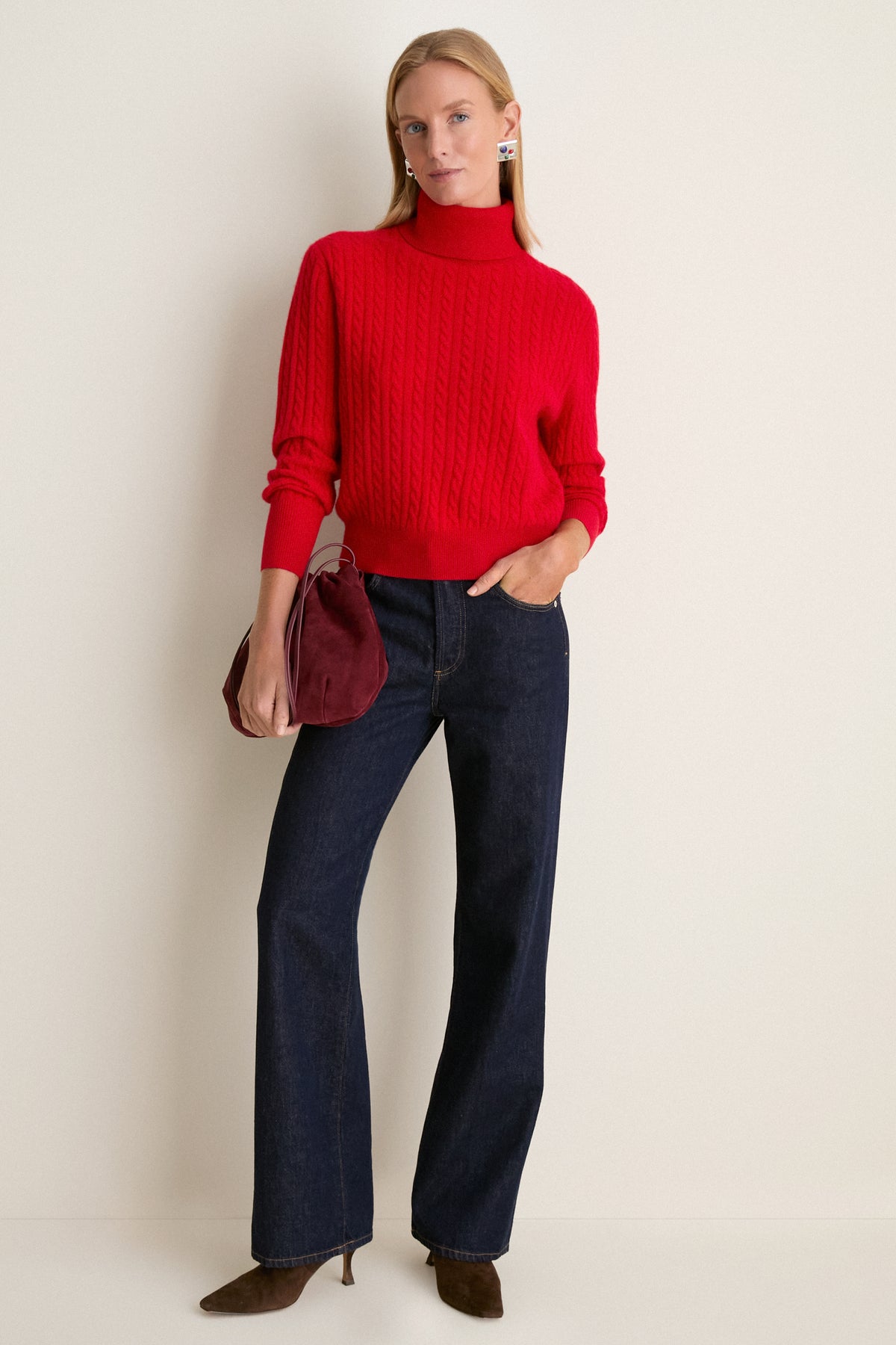 Apple Red Cropped Cable Cashmere Clara Turtleneck