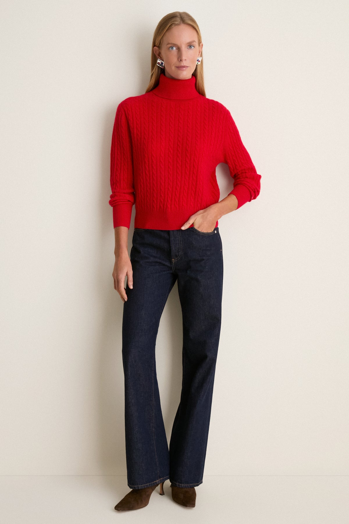 Apple Red Cropped Cable Cashmere Clara Turtleneck
