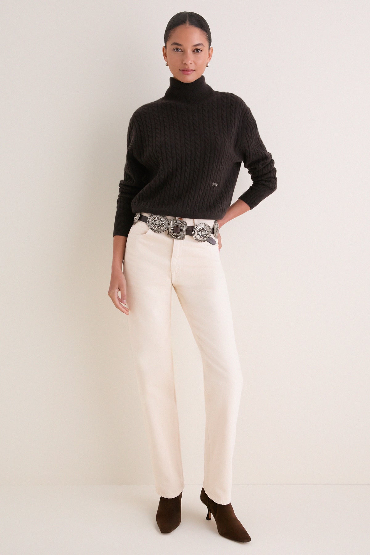 Brown Cropped Cable Cashmere Clara Turtleneck