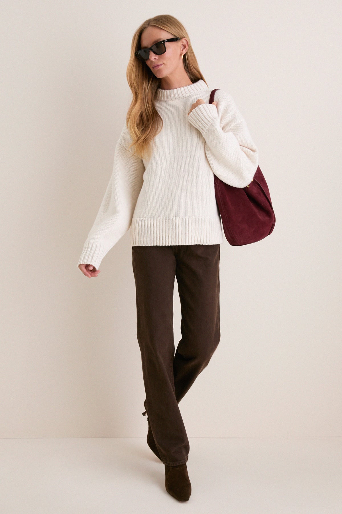 Ivory Genvieve Cashmere Wool Blend Crewneck Sweater
