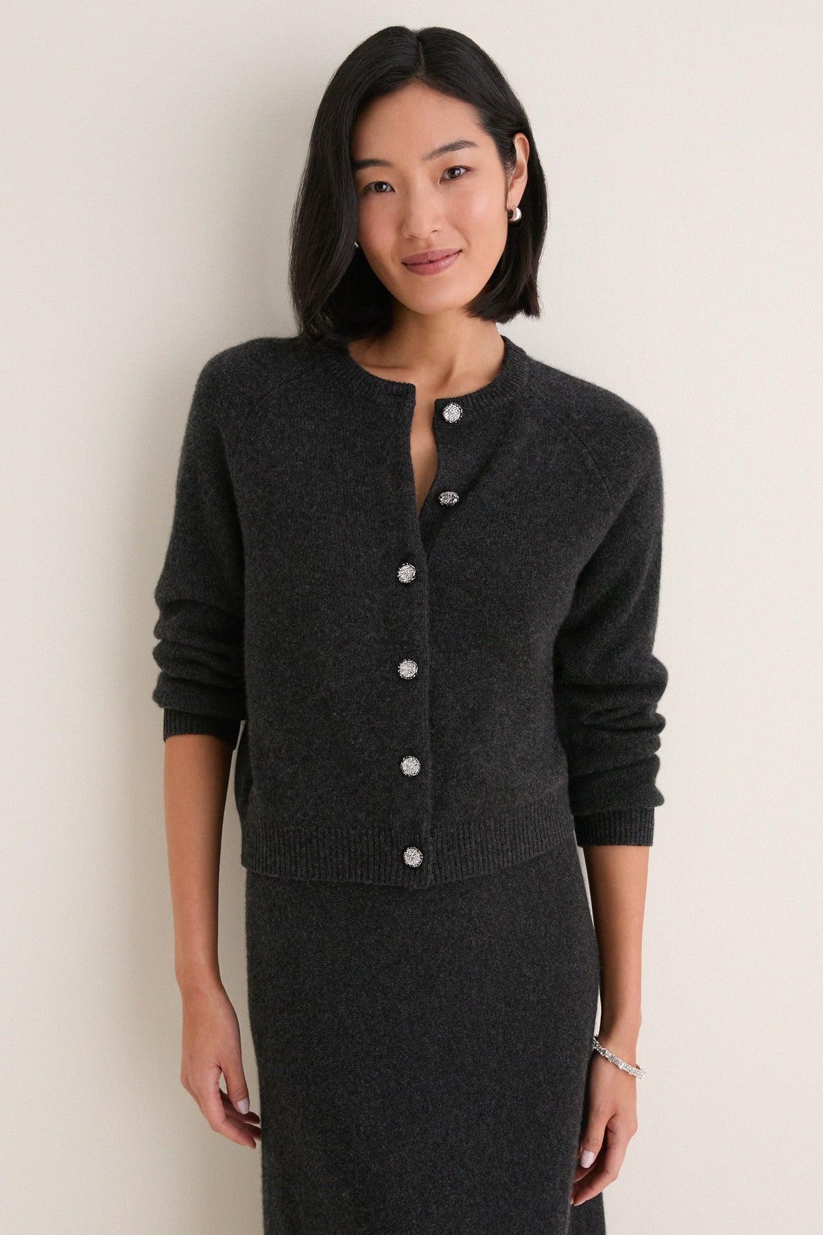 Charcoal Cashmere Embellished Button Lillian Cardigan