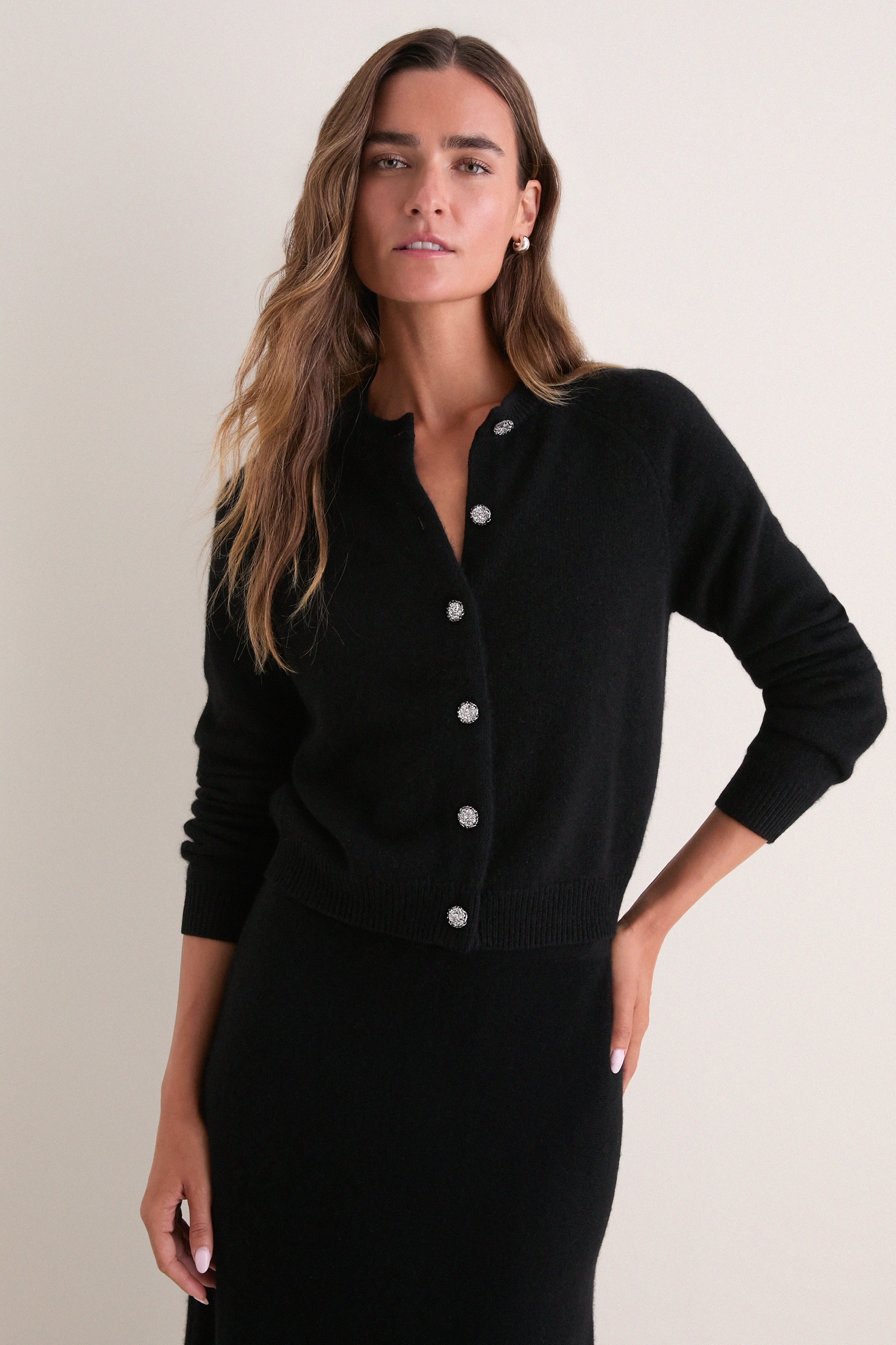 Black Cashmere Embellished Button Lillian Cardigan | Tuckernuck