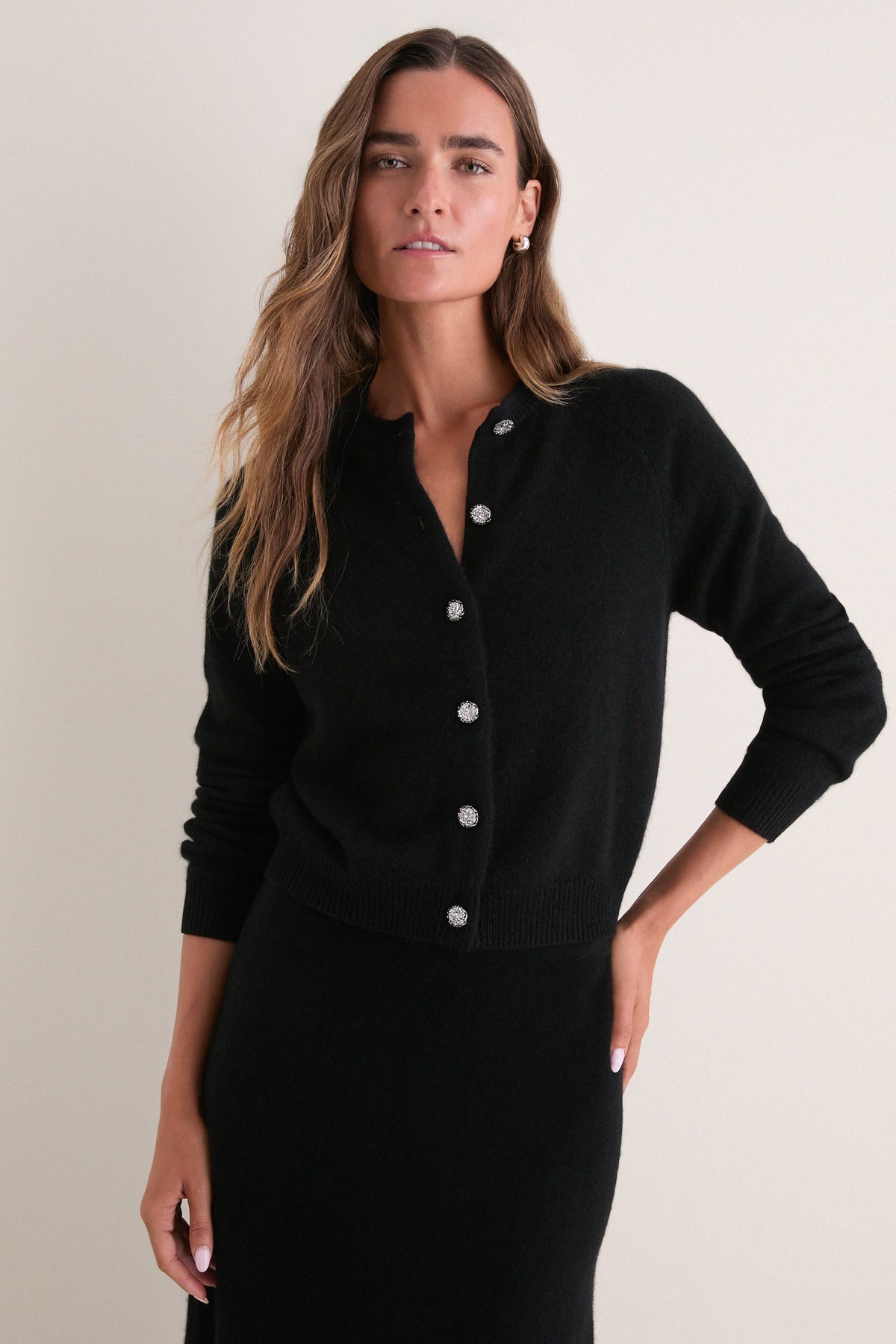 Black Cashmere Embellished Button Lillian Cardigan