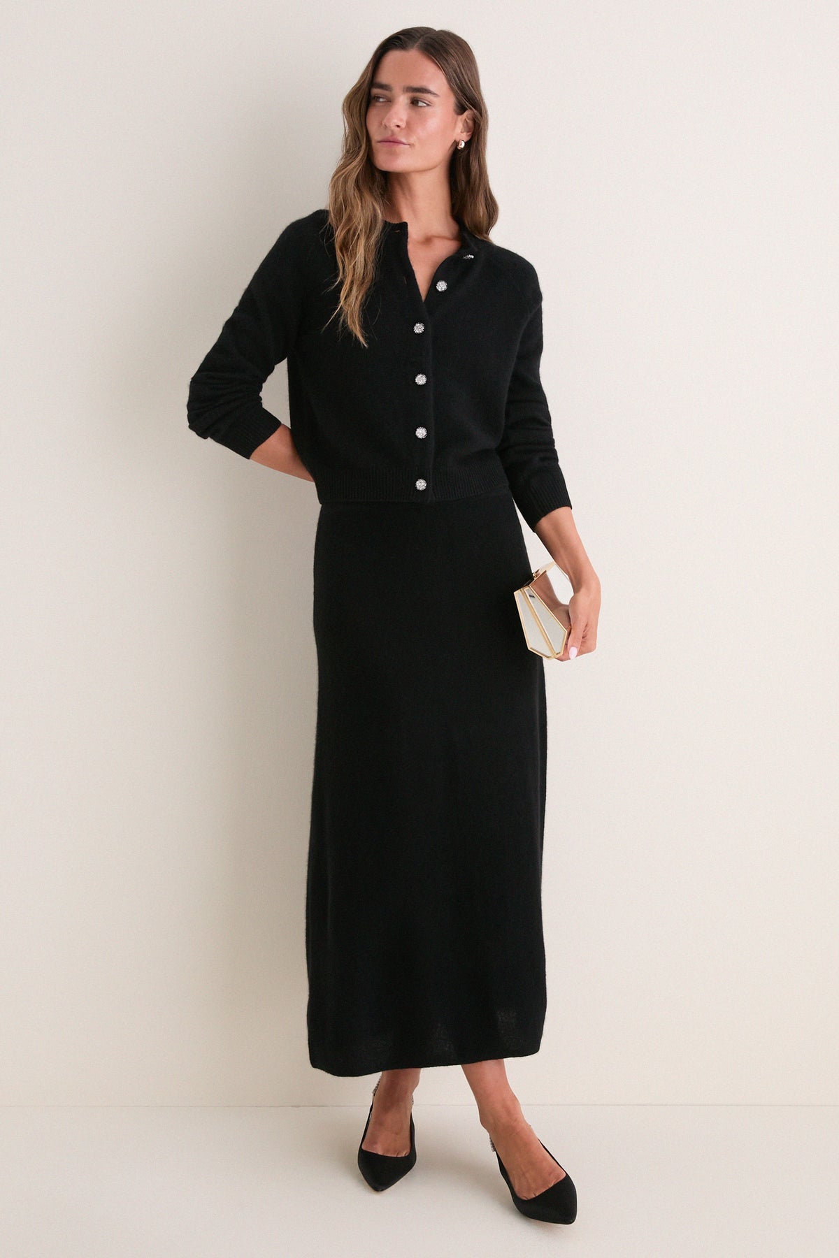 Black Cashmere Embellished Button Lillian Cardigan