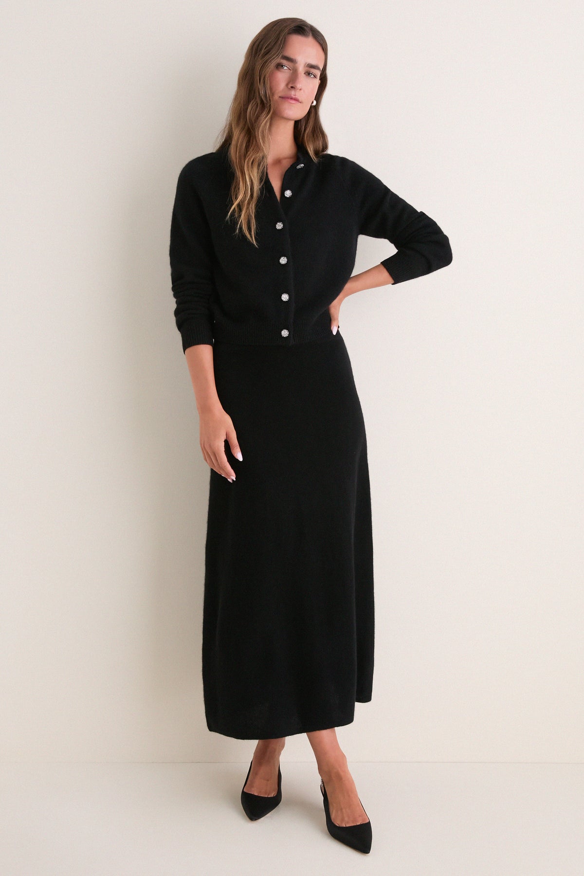Black Cashmere Embellished Button Lillian Cardigan