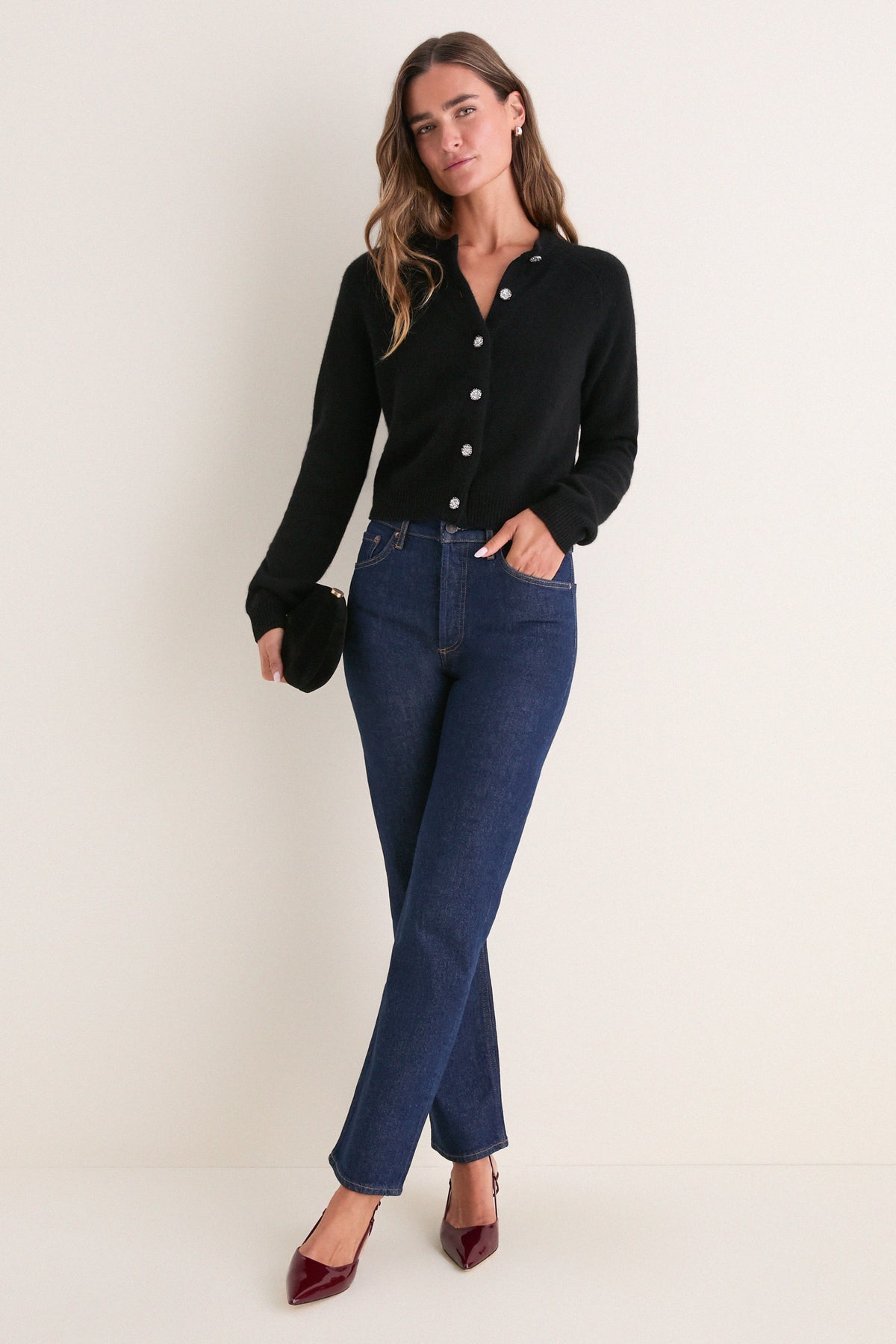 Black Cashmere Embellished Button Lillian Cardigan