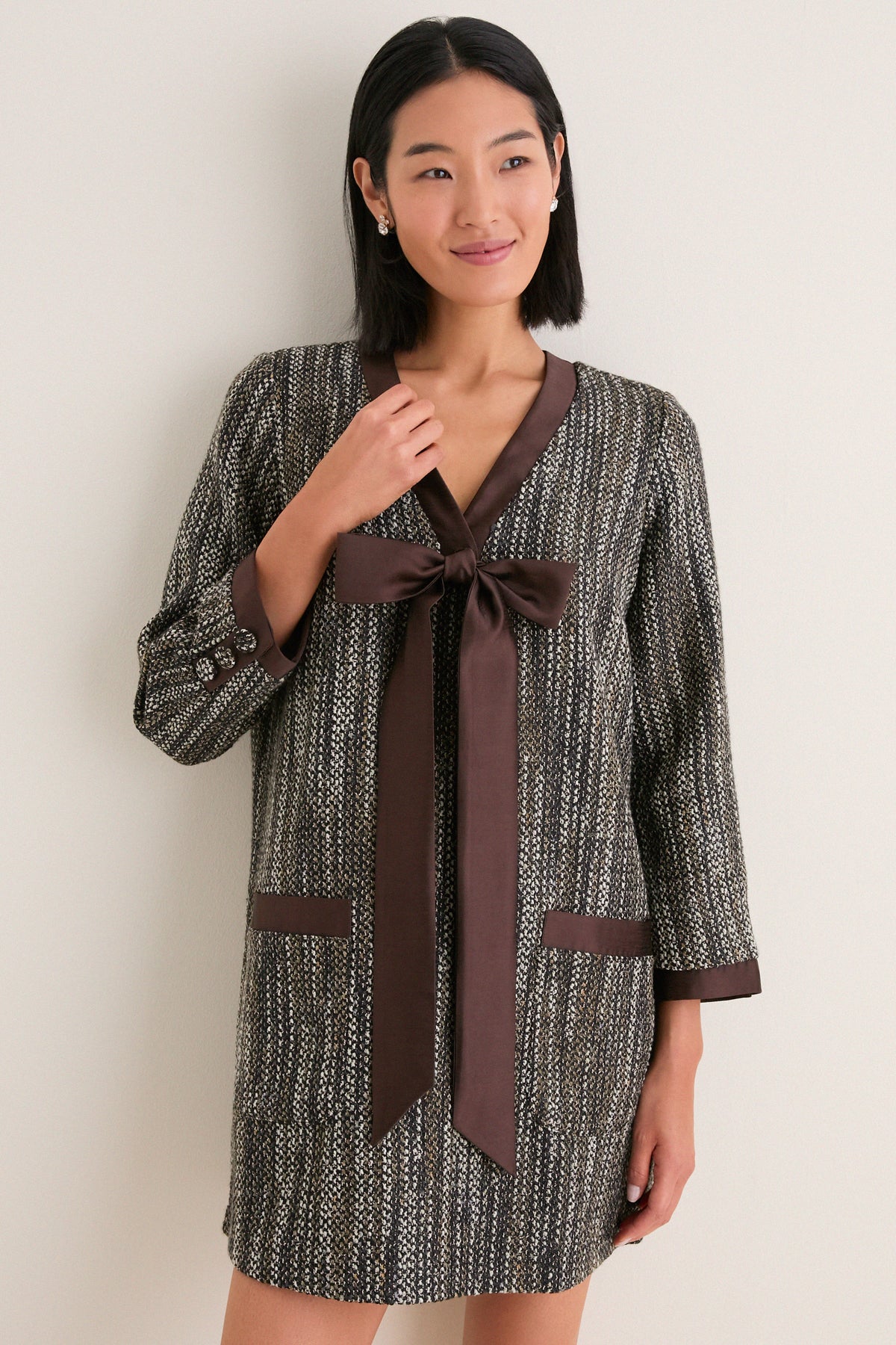 Brown Multi Coco Tweed Bow Dress