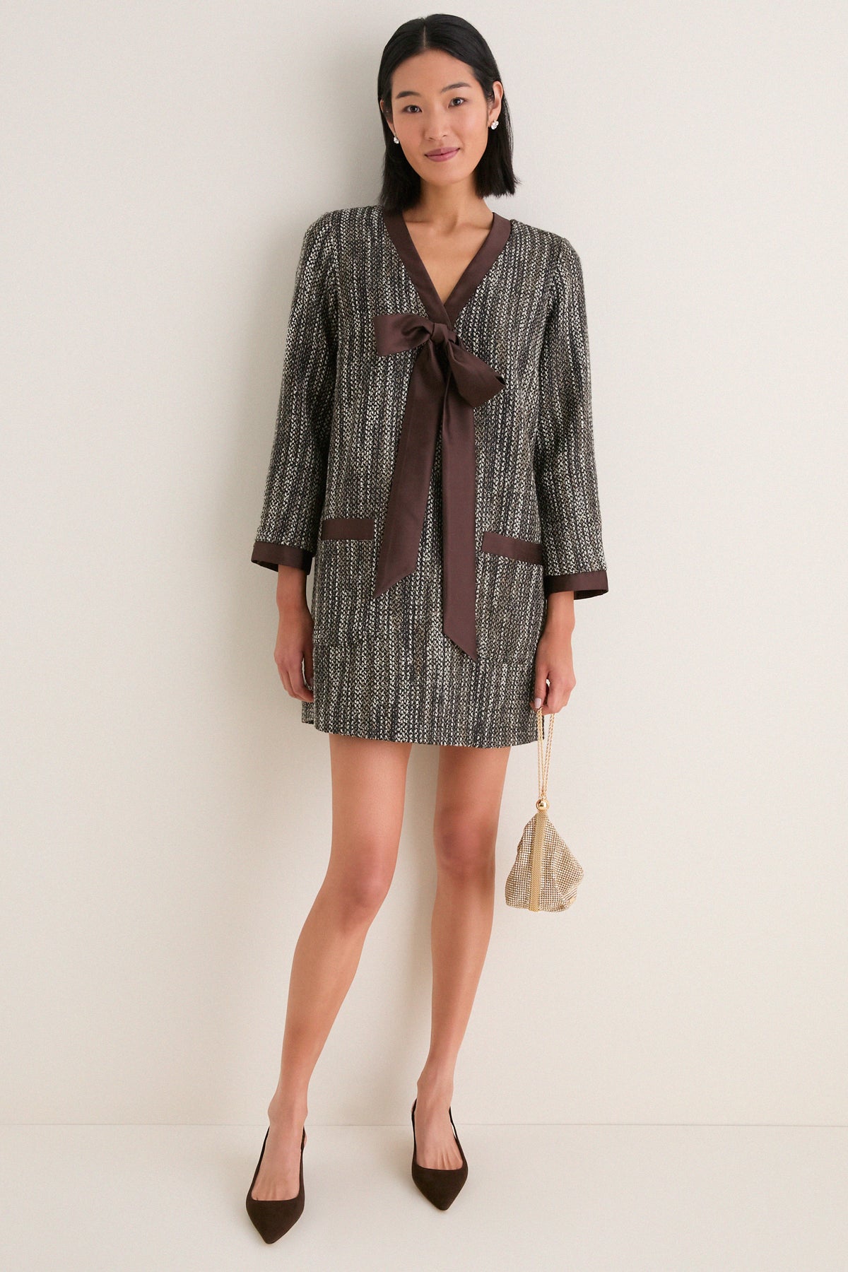 Brown Multi Coco Tweed Bow Dress