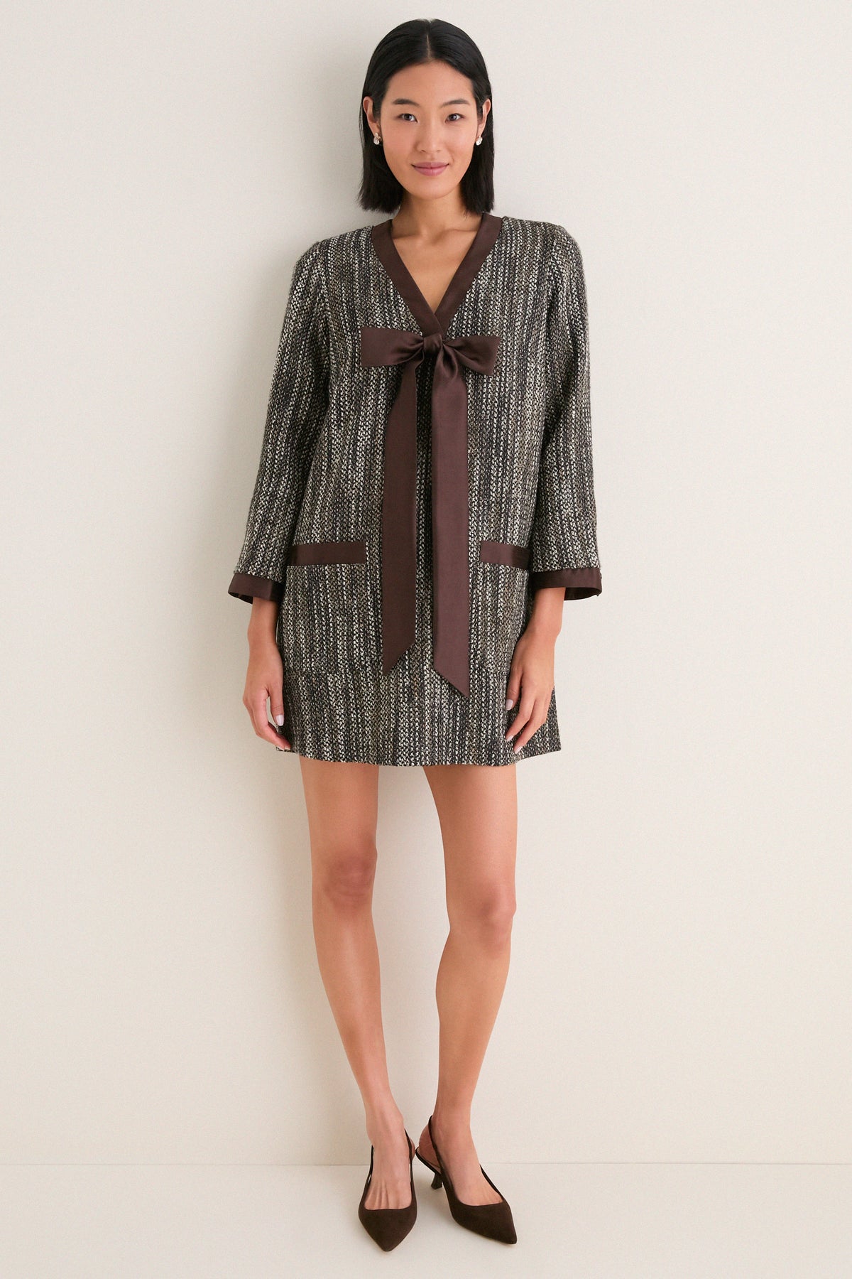 Brown Multi Coco Tweed Bow Dress