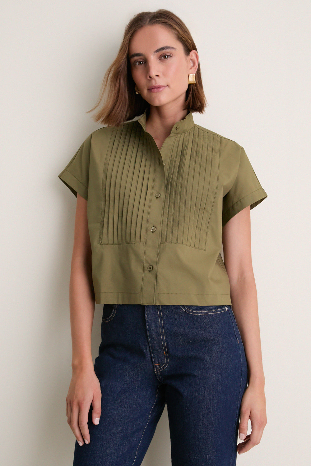 Olive Cotton Poplin Pintuck Avery Shirt