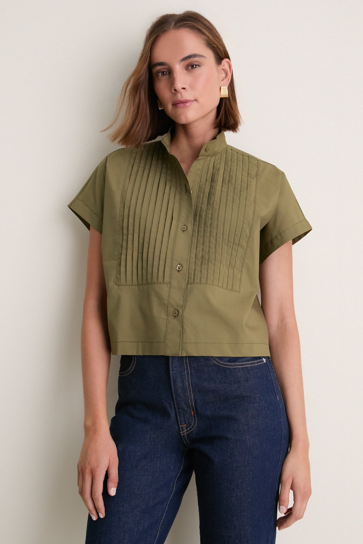Olive Cotton Poplin Pintuck Avery Shirt