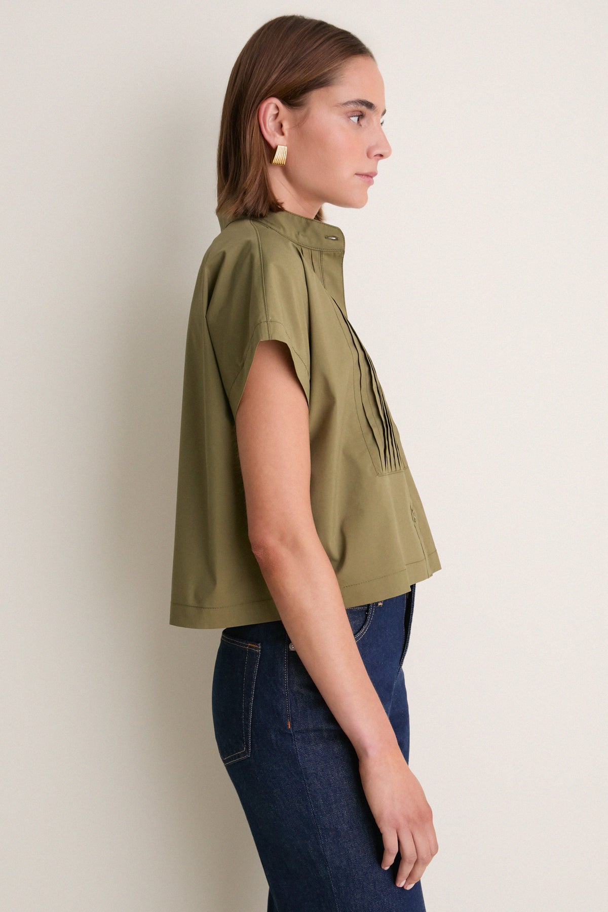 Olive Cotton Poplin Pintuck Avery Shirt