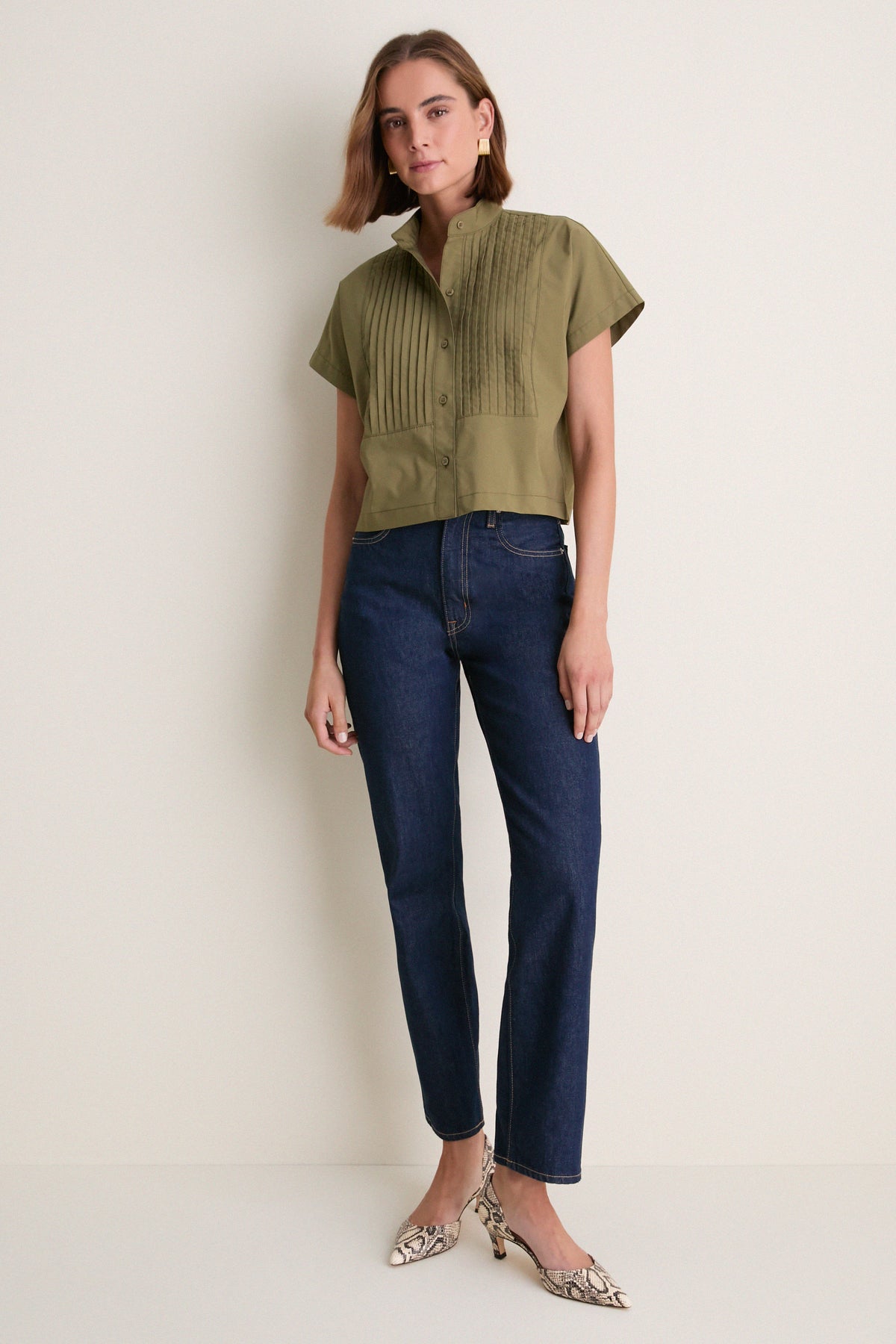 Olive Cotton Poplin Pintuck Avery Shirt