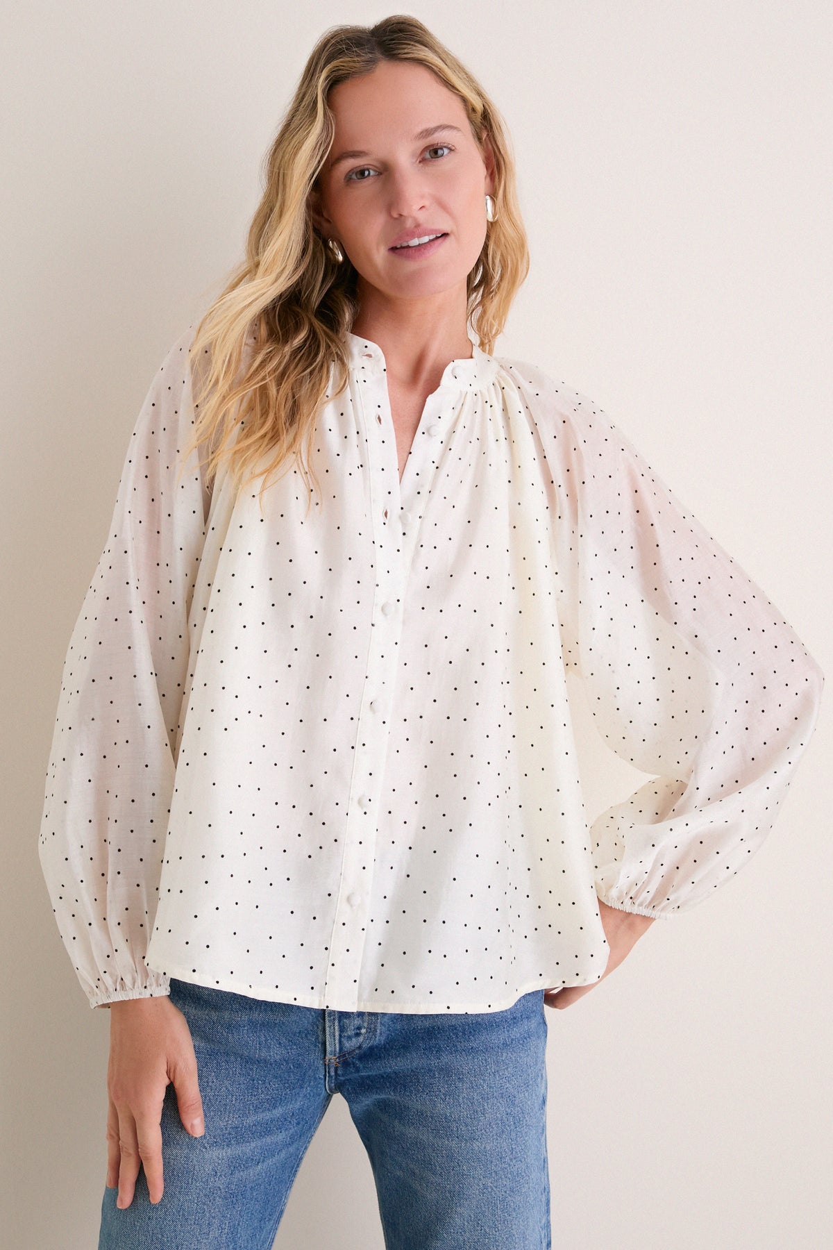 Ivory Flocked Dot Sawyer Blouse
