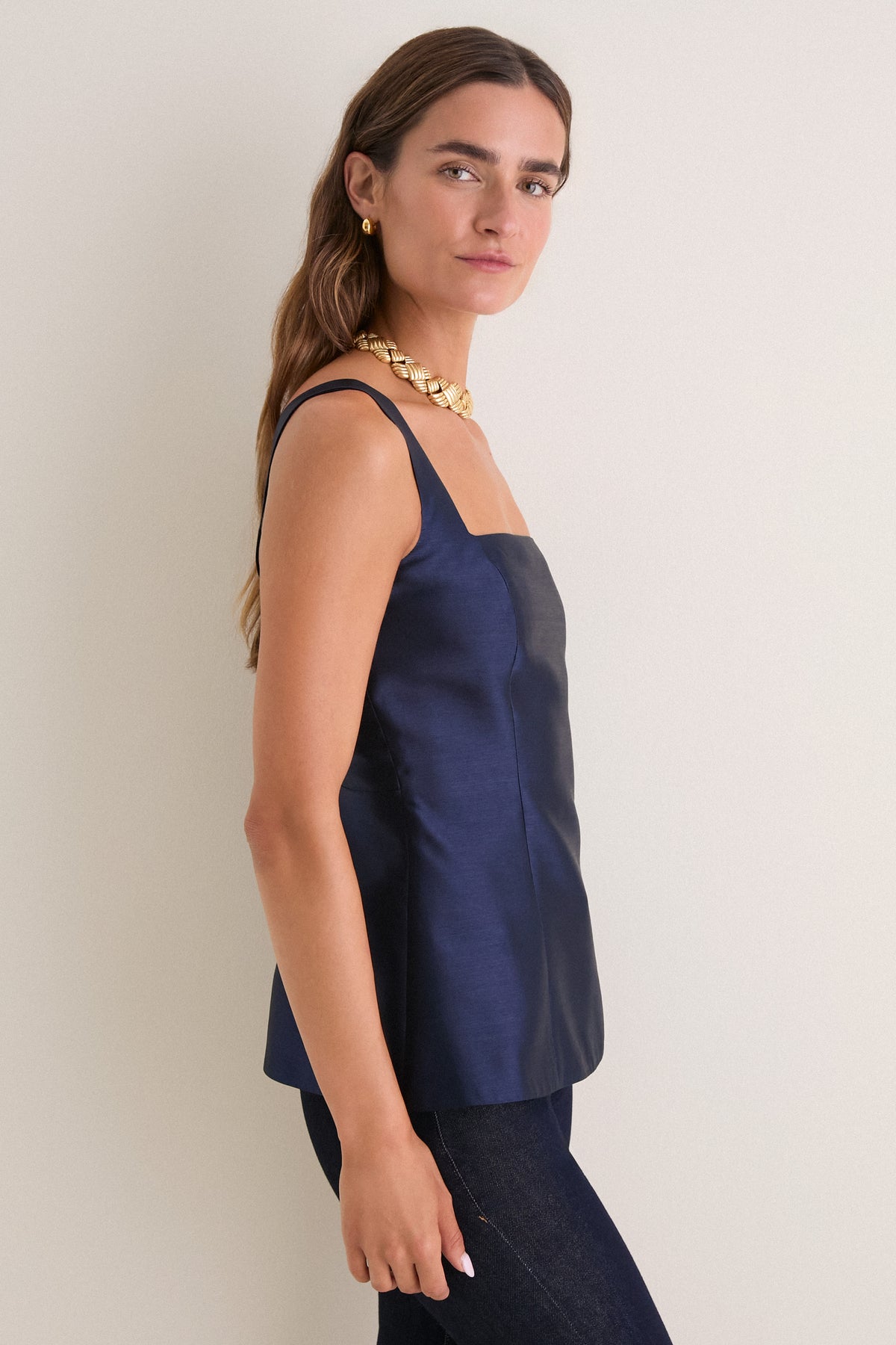 Navy Dupioni Structured Meryl Top