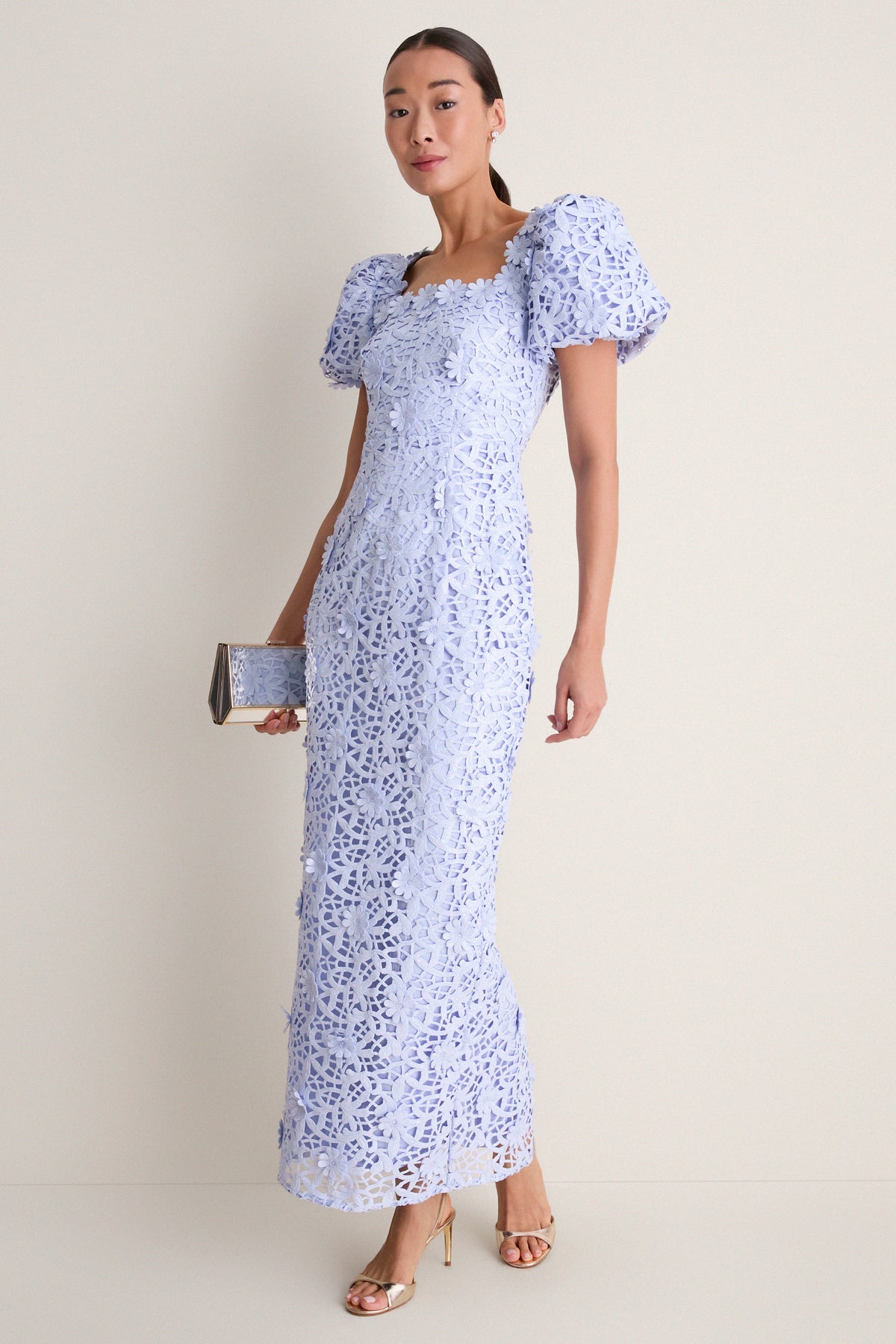 Ice Blue Magnella Puff Sleeve Maxi Dress