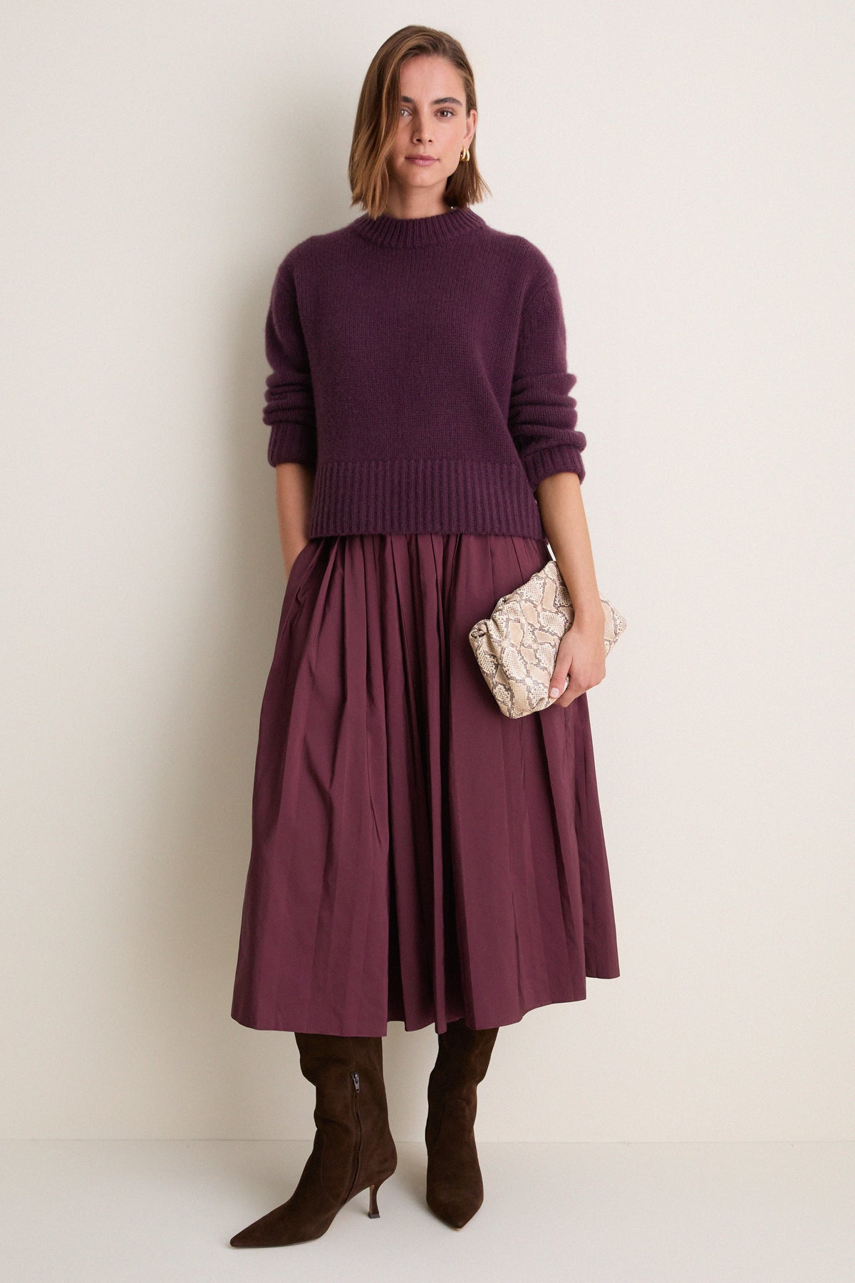 Wine Pleated Dixon Midi Skirt