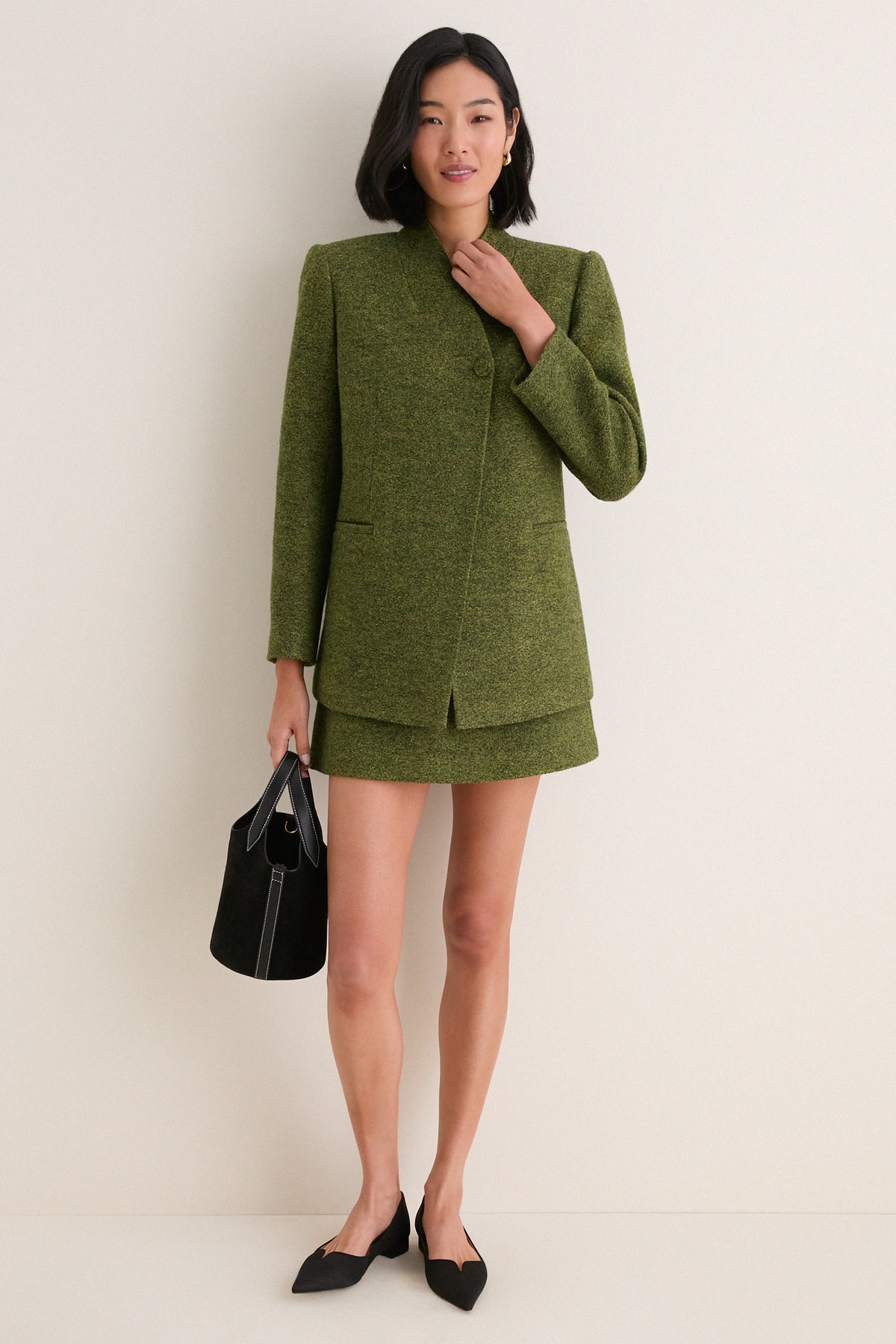 Olive Wool Boucle Meg A-Line Mini Skirt