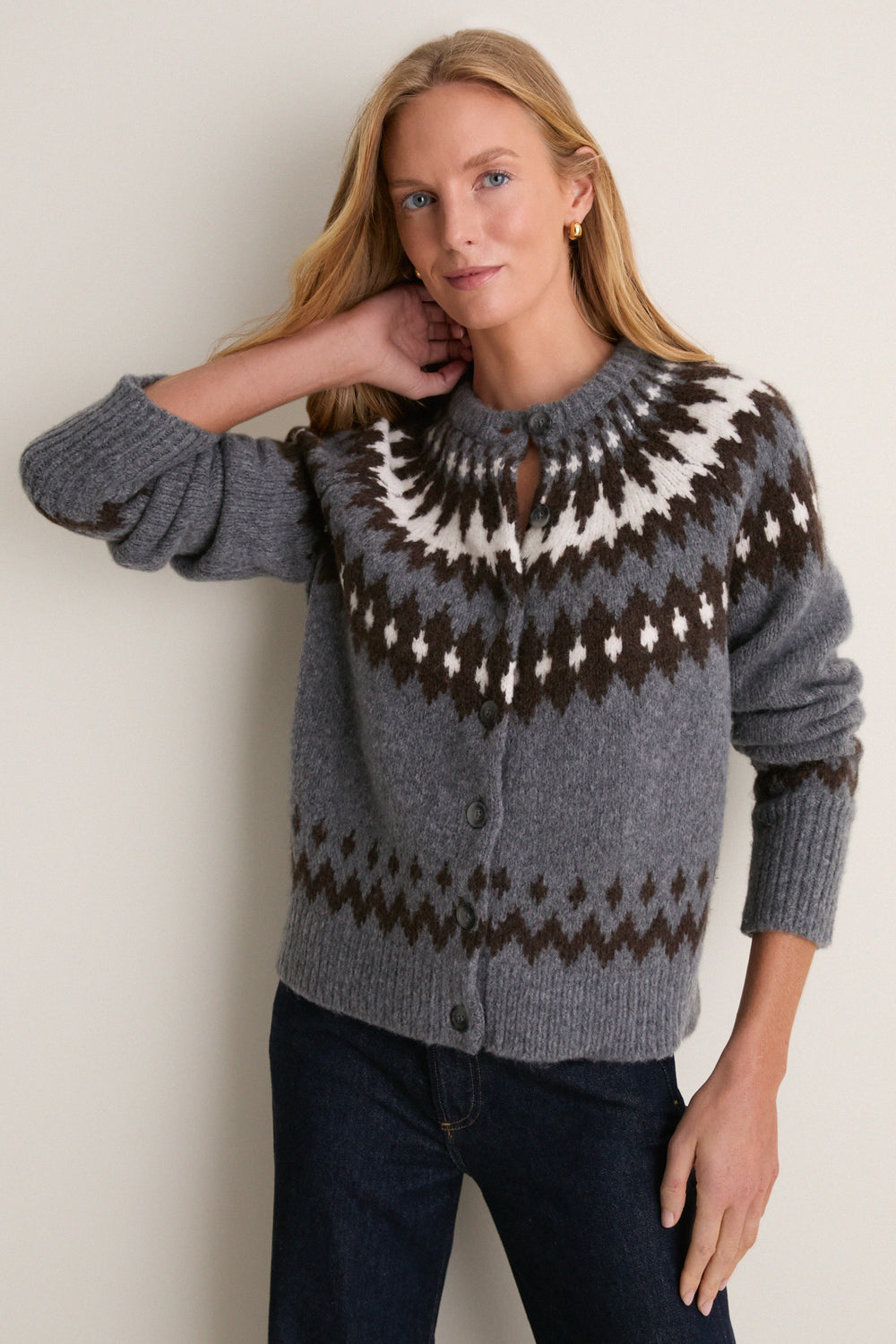 Gray and Brown Marlow Fair Isle Cardigan